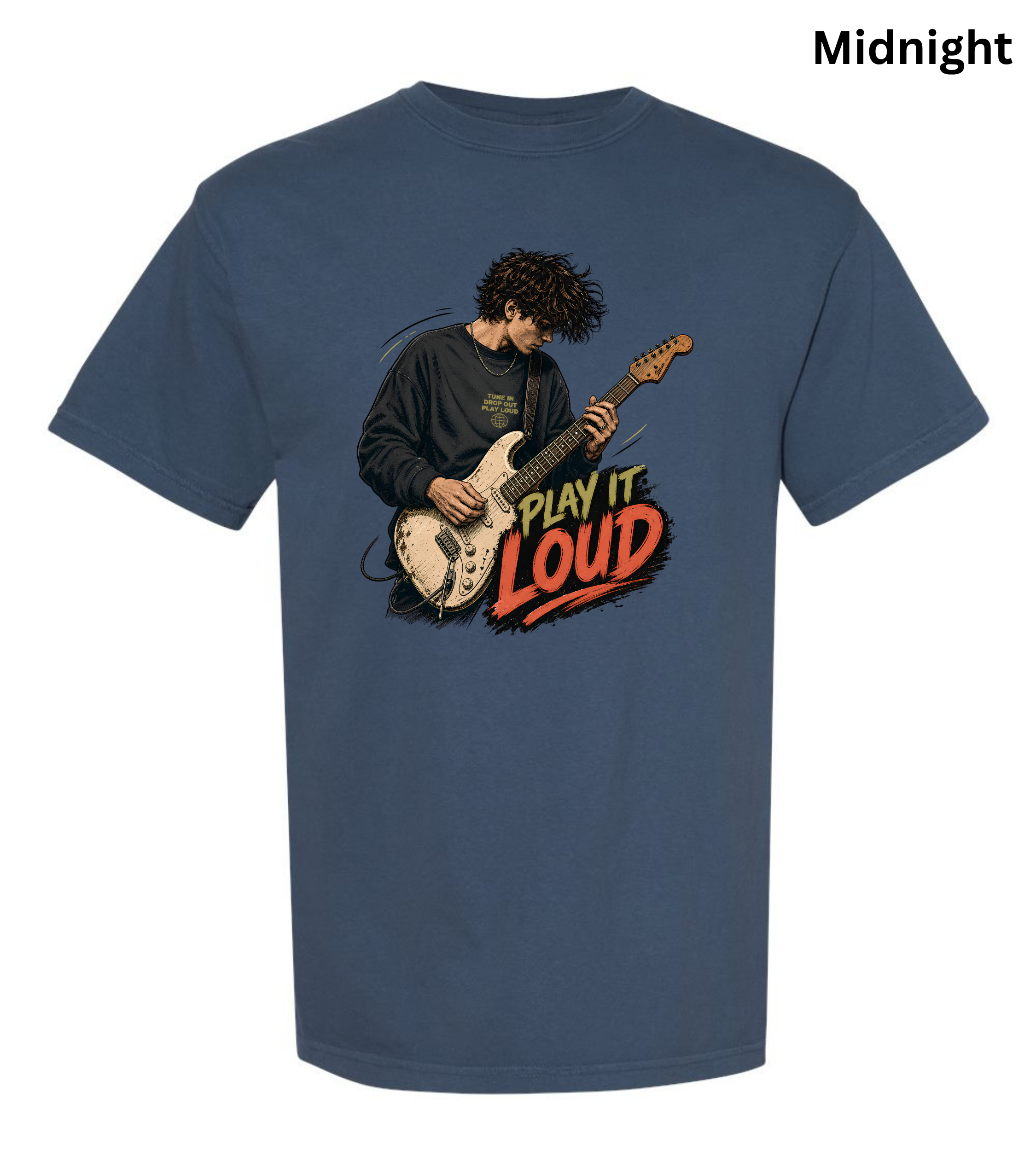 A navy blue short-sleeve t-shirt with a graphic of a guitarist playing an electric guitar next to the text 'PLAY IT LOUD' in red, yellow, and black. The word 'Midnight' is printed in black in the top right corner.
