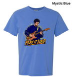 A light blue short-sleeve t-shirt with a graphic of a man playing an electric guitar and the text 'PLAY IT LOUD' in yellow and orange. The text 'Mystic Blue' is written in black at the top right.