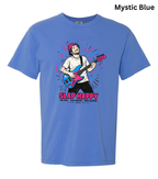 A light blue graphic t-shirt featuring a cartoon illustration of a guitarist with the text 'SLAP HAPPY' on the front. The text 'Mystic Blue' is displayed in the top right corner.