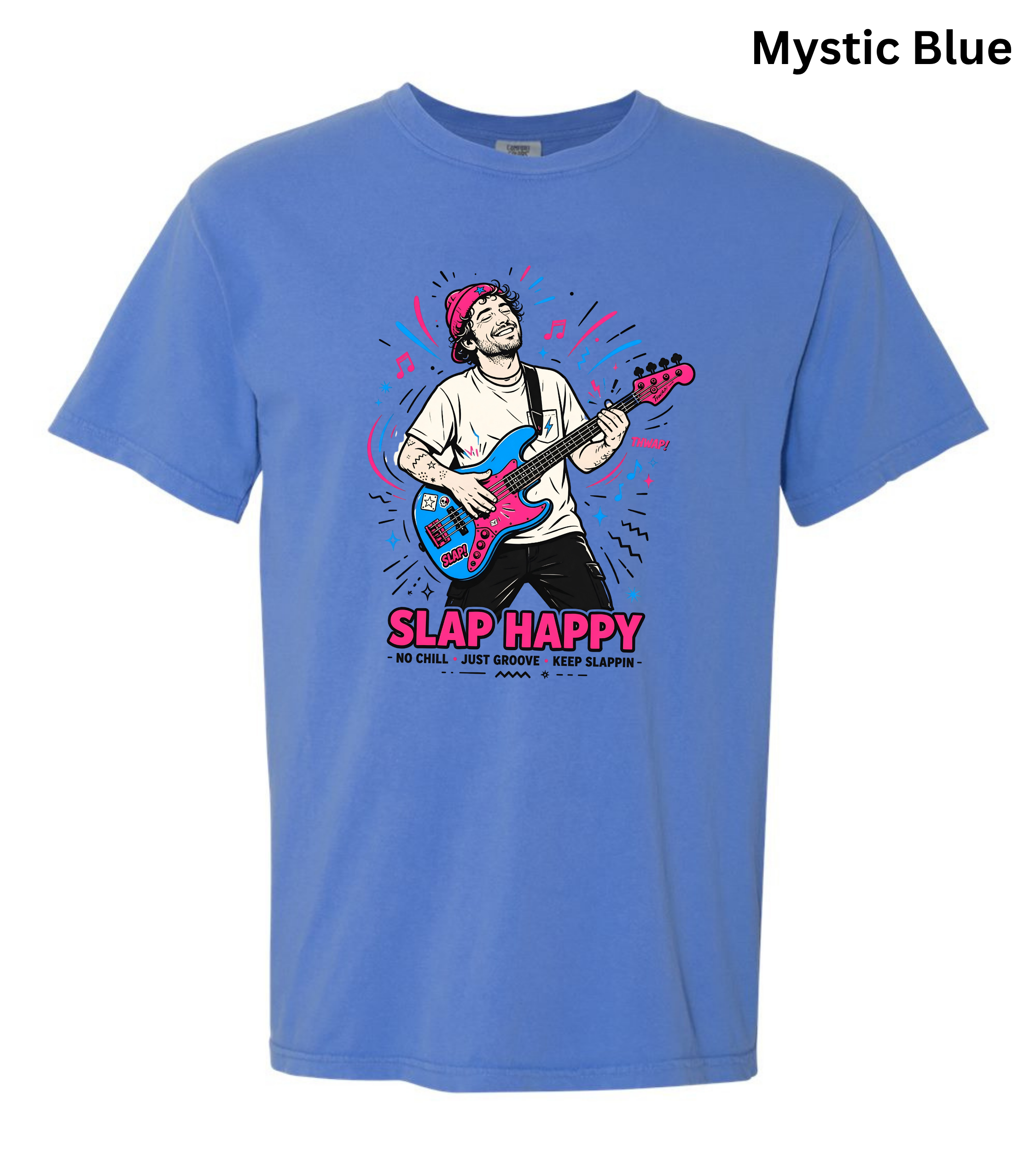A light blue graphic t-shirt featuring a cartoon illustration of a guitarist with the text 'SLAP HAPPY' on the front. The text 'Mystic Blue' is displayed in the top right corner.