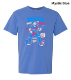 A blue short-sleeve crewneck t-shirt with a colorful graphic of a bass player and the text 'BASS MAKES IT GOOD' on the front, shown against a plain white background with 'Mystic Blue' text in the top right corner.