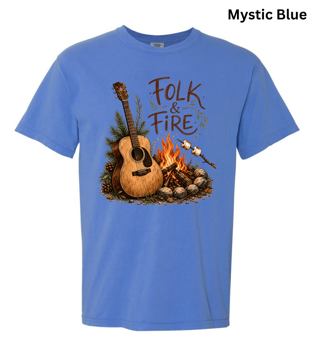 Folk & Fire Guitar T-Shirt | Campfire Acoustic Guitar Graphic Tee for Folk Music Lovers & Campers