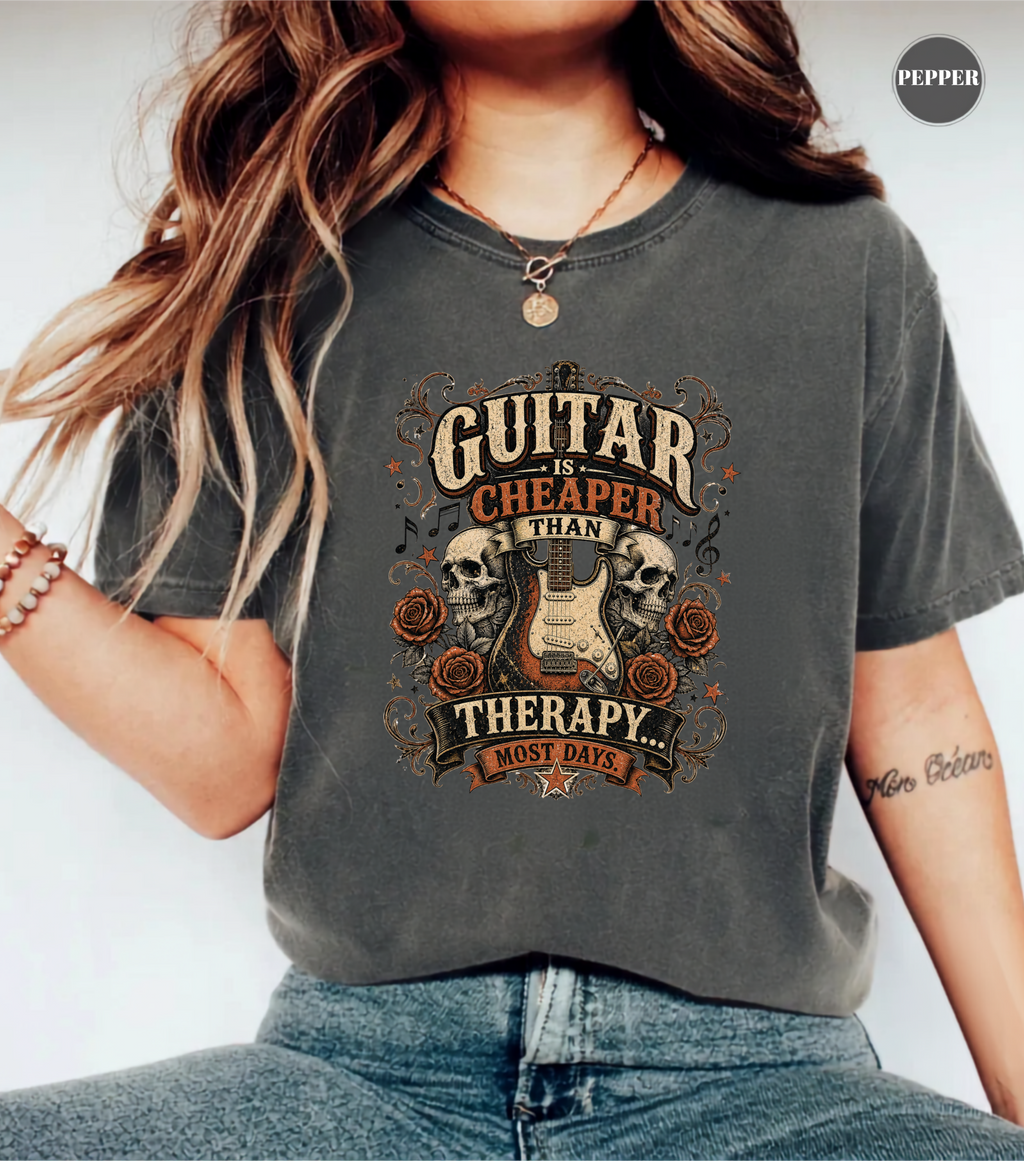 Guitar Is Cheaper Than Therapy Shirt | Funny Guitar Player T-Shirt | Vintage Guitar Tee | Rock Music Shirt | Guitarist Gift | Musician Graphic Tee