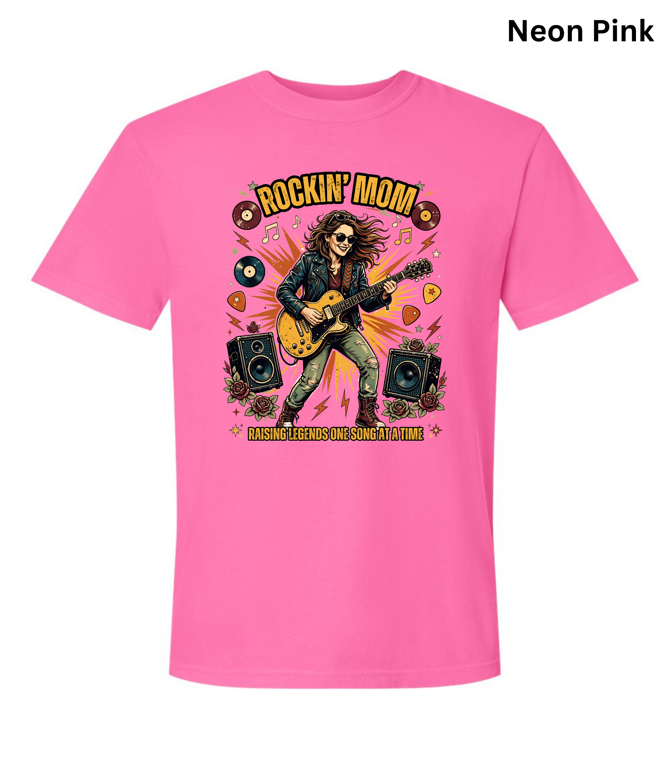 A bright neon pink short-sleeve t-shirt with a colorful graphic of a rock star playing an electric guitar, surrounded by vinyl records, speakers, and heart shapes. The text 'NEON Pink' is displayed in the top right corner.