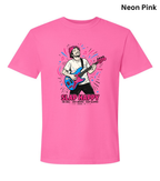 A bright neon pink short-sleeve t-shirt with a colorful graphic of a man playing a blue and pink electric guitar, with the text 'SLAP HAPPY' and song titles printed below. The text 'Neon Pink' is written in black at the top right corner.