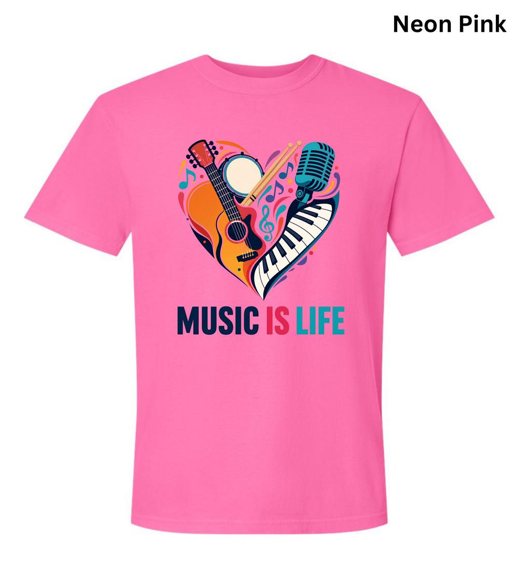 Music Is Life T-Shirt | Colorful Music Lover Graphic Tee with Guitar, Piano & Microphone