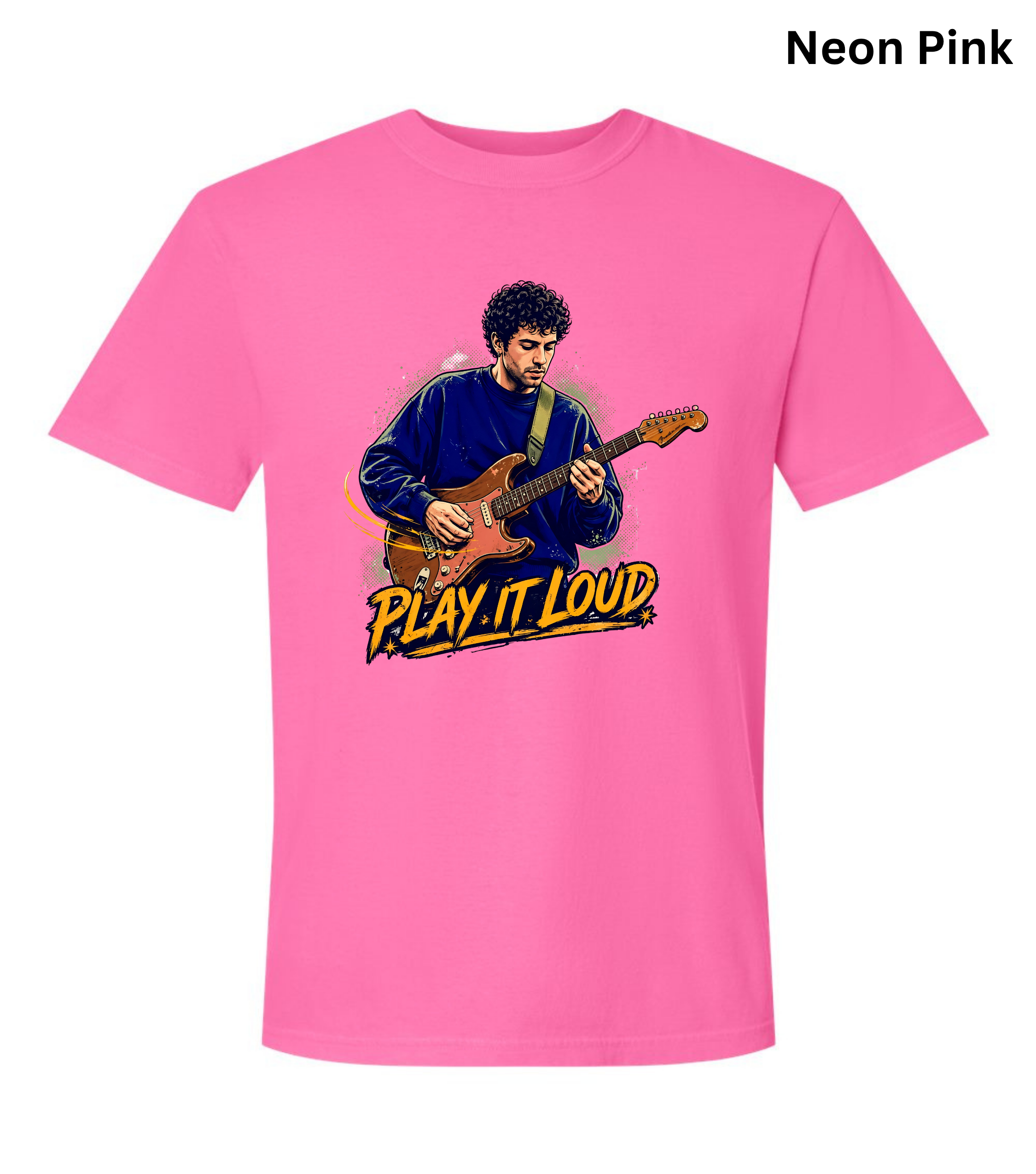 A neon pink short-sleeve t-shirt with a graphic print of a man playing an electric guitar and the text 'PLAY IT LOUD' in yellow and black. The text 'Neon Pink' is displayed in the top right corner.