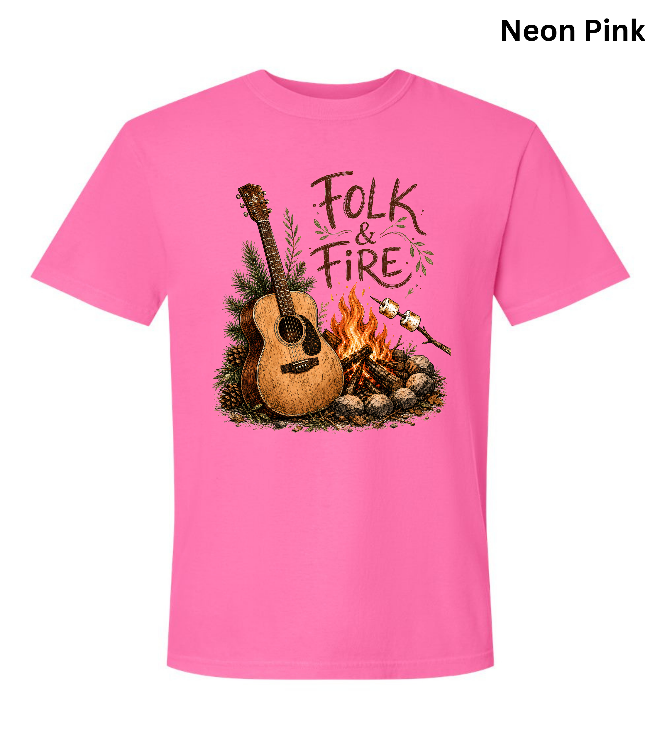 Folk & Fire Guitar T-Shirt | Campfire Acoustic Guitar Graphic Tee for Folk Music Lovers & Campers