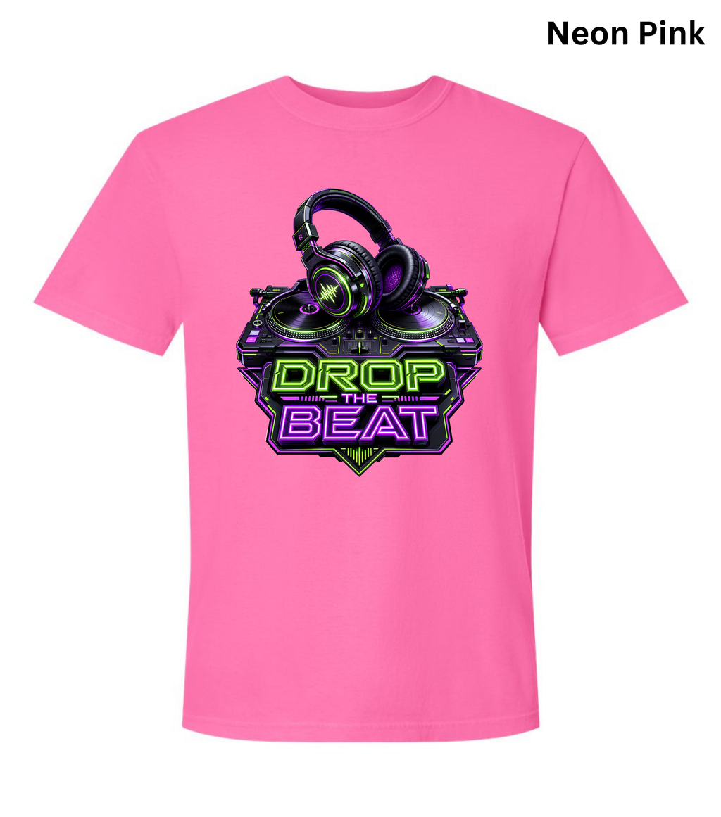 Drop the Beat DJ T-Shirt | Neon DJ Headphones & Turntable Graphic Tee for DJs, EDM & Electronic Music Lovers