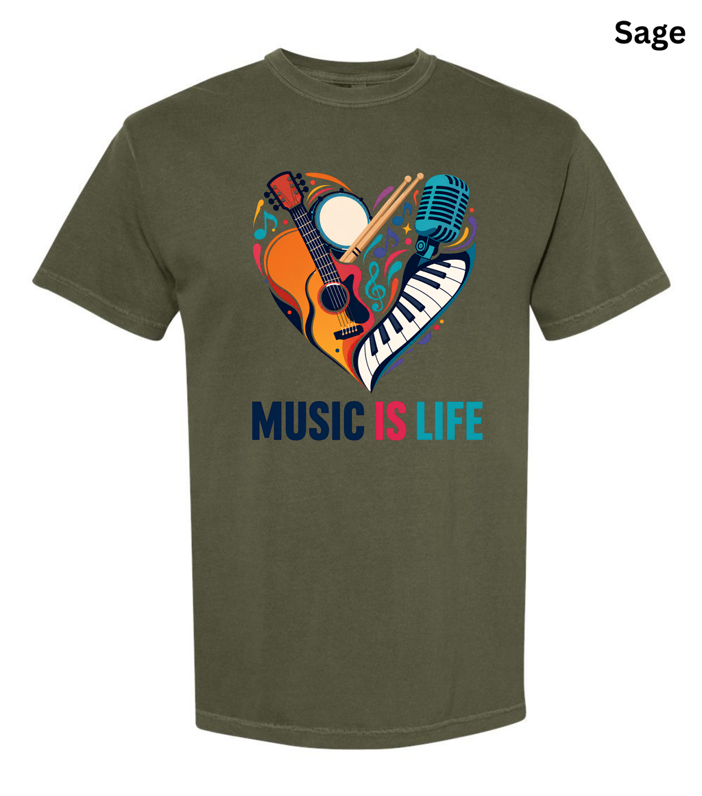 Music Is Life T-Shirt | Colorful Music Lover Graphic Tee with Guitar, Piano & Microphone