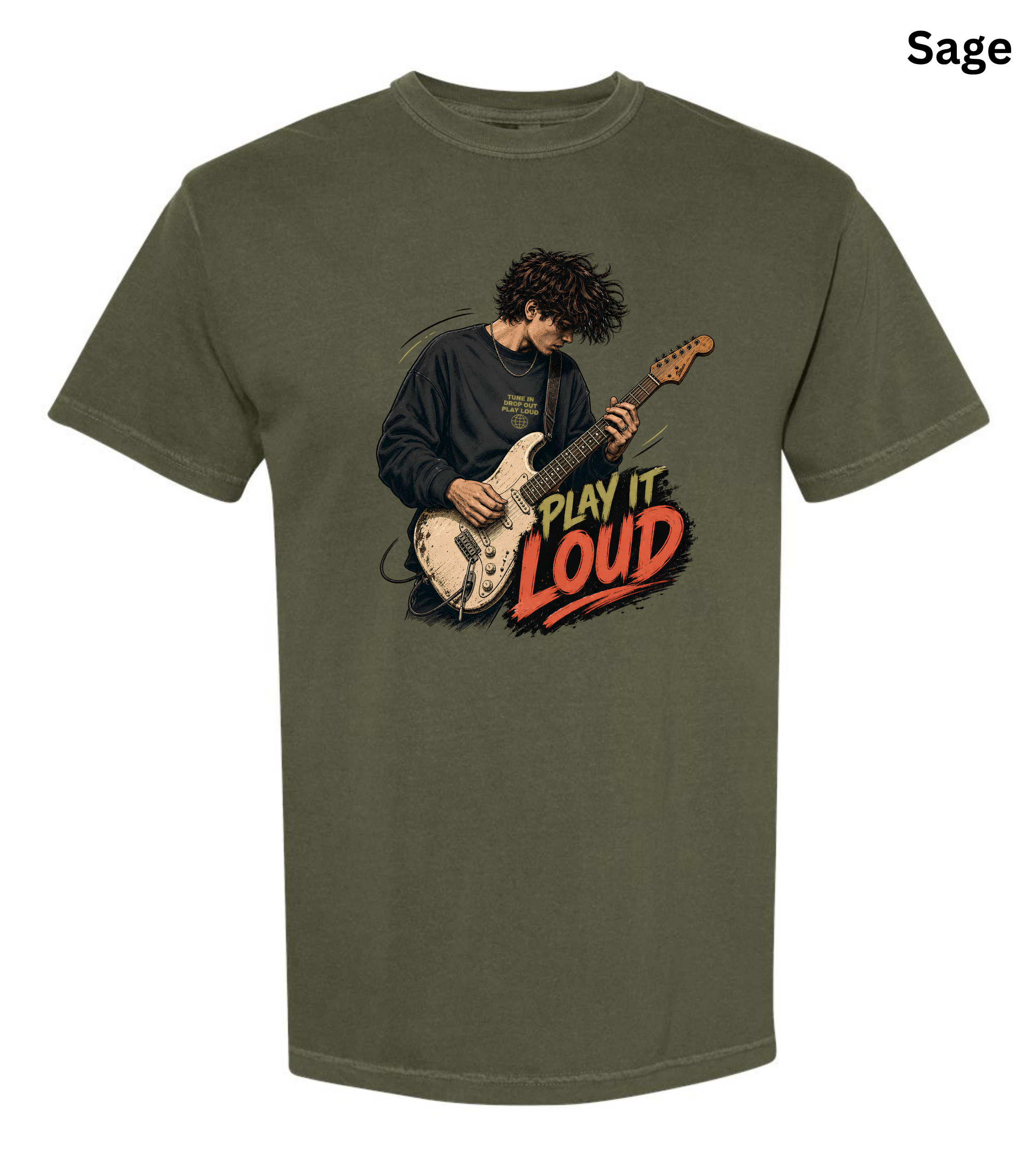 An olive sage green short-sleeve t-shirt with a graphic of a guitarist playing and the text 'PLAY IT LOUD' in red, yellow, and black, shown on a white background with a 'Sage' color label in the top right corner.