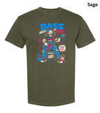 An olive green crewneck t-shirt with a colorful graphic of a bassist playing an electric bass guitar. The graphic features the text 'BASS MAKES IT BETTER' in blue and pink, along with musical notes and a coffee cup.