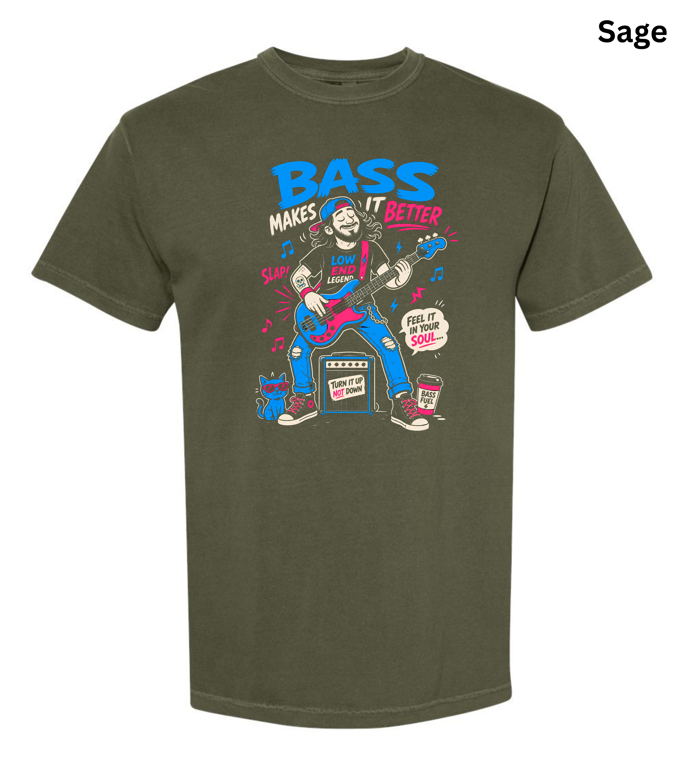 An olive green crewneck t-shirt with a colorful graphic of a bassist playing an electric bass guitar. The graphic features the text 'BASS MAKES IT BETTER' in blue and pink, along with musical notes and a coffee cup.