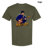 A sage green crewneck t-shirt featuring a graphic illustration of a man playing an electric guitar with the text 'PLAY IT LOUD' in yellow and black. The word 'Sage' is printed in black in the top right corner.