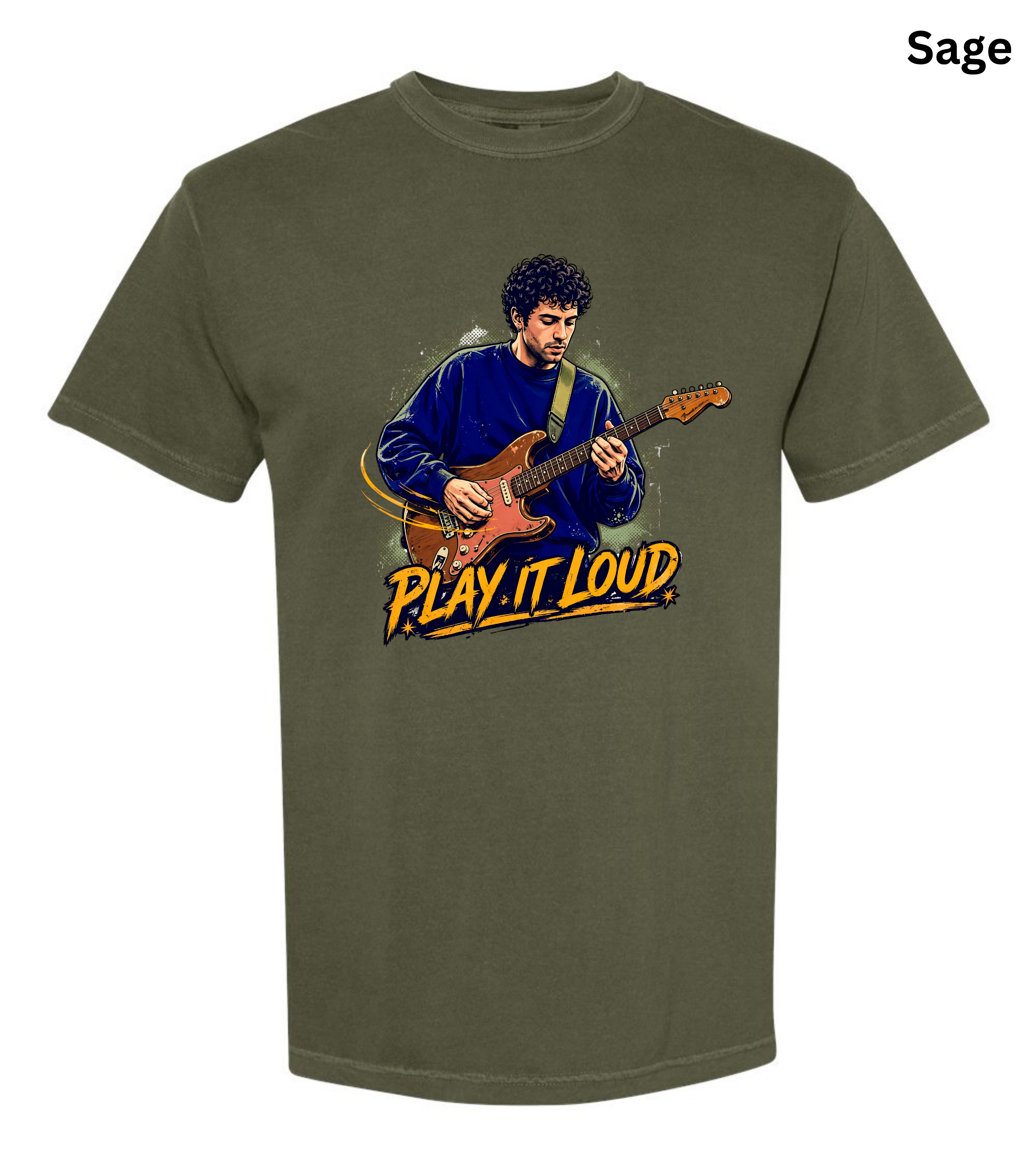 A sage green crewneck t-shirt featuring a graphic illustration of a man playing an electric guitar with the text 'PLAY IT LOUD' in yellow and black. The word 'Sage' is printed in black in the top right corner.