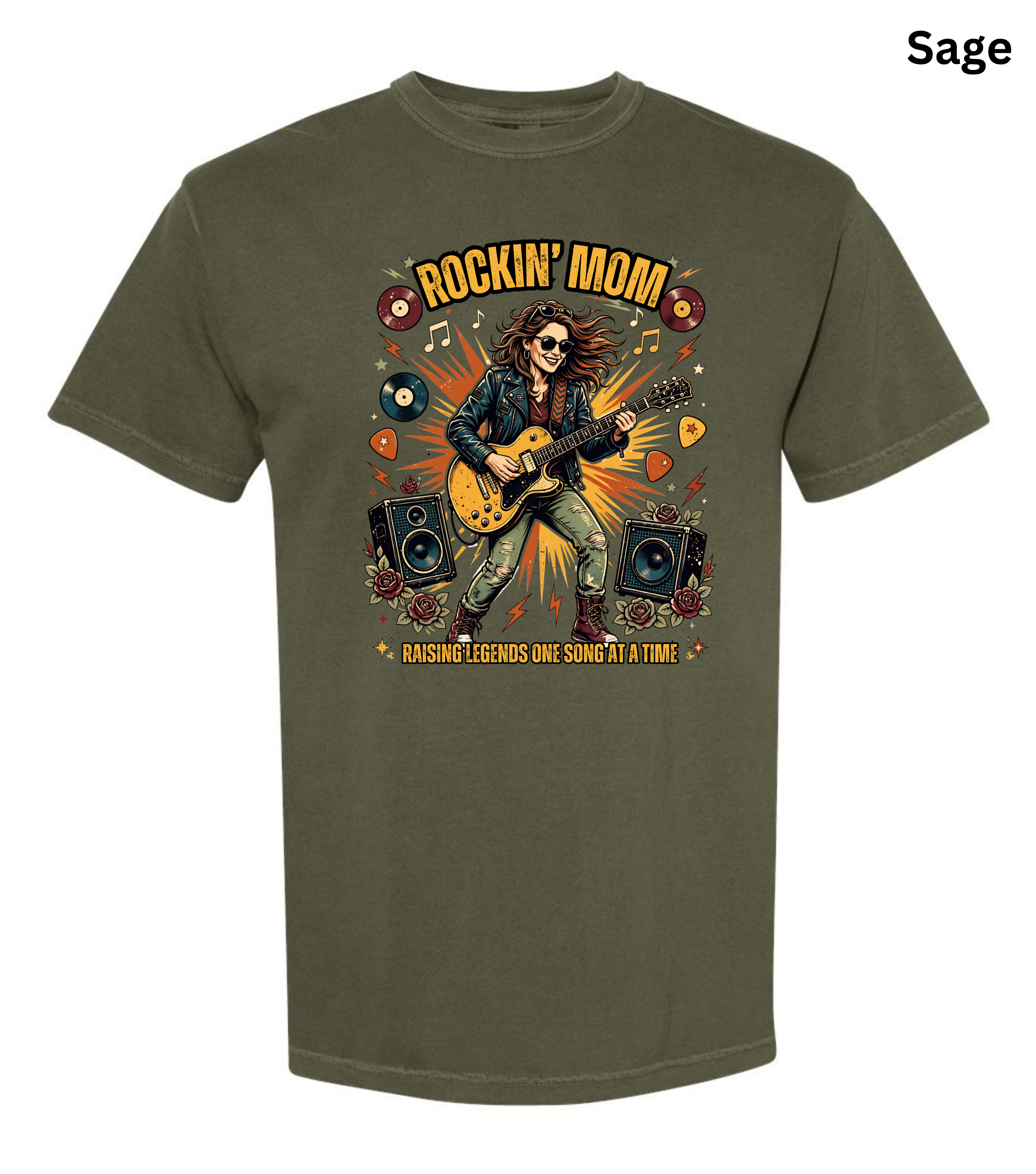 An olive green short-sleeve t-shirt with a colorful graphic of a woman playing an electric guitar surrounded by vinyl records, speakers, and musical notes. The text 'ROCKIN' MOM' is printed above the graphic, and 'RAISING LEGENDS ONE SONG AT A TIME' is printed below.
