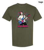 An olive green short-sleeve t-shirt with a colorful graphic of a man playing a blue and pink electric guitar, with the text 'SLAP HAPPY' printed below in pink. The word 'Sage' is written in the top right corner.