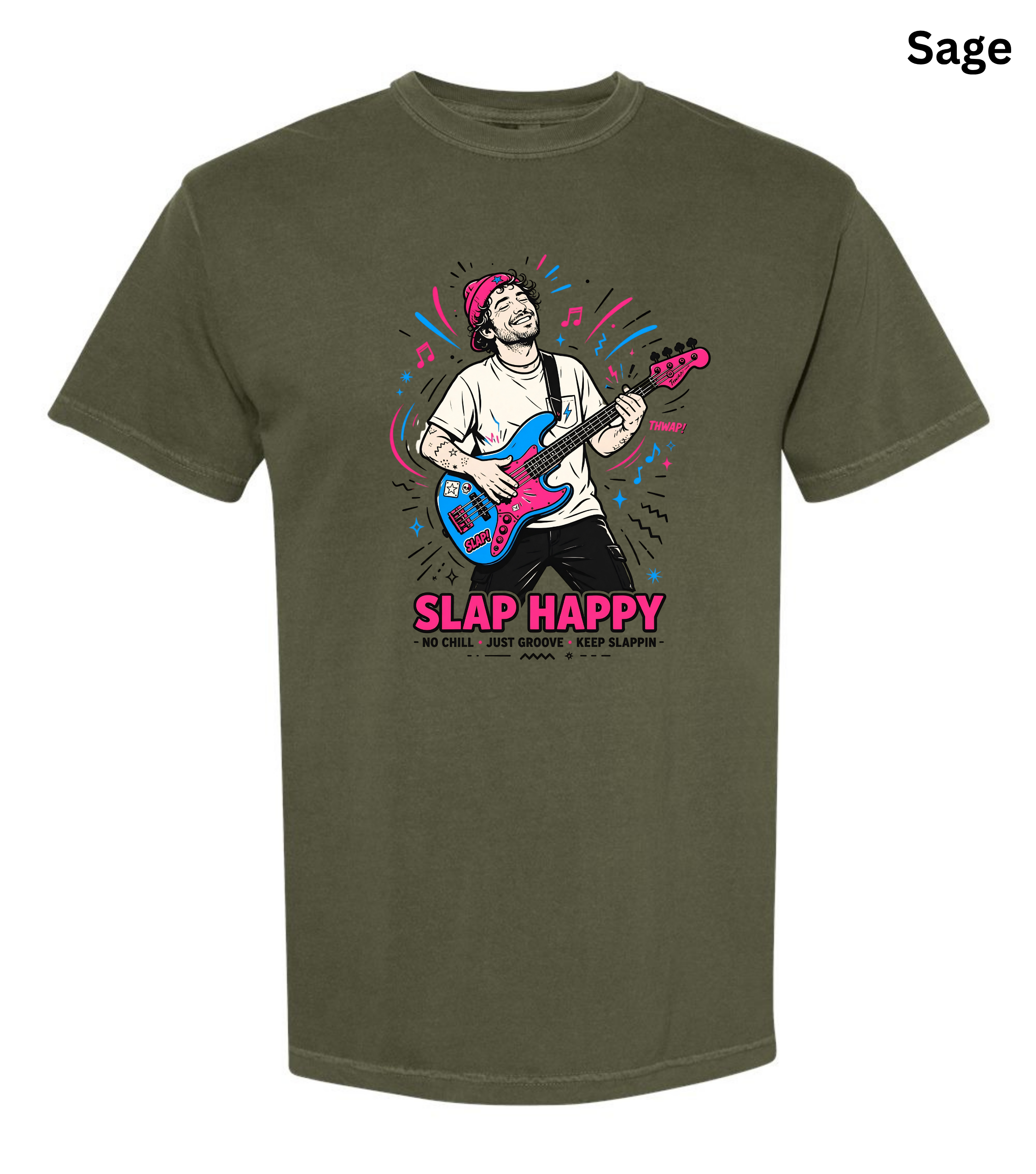 An olive green short-sleeve t-shirt with a colorful graphic of a man playing a blue and pink electric guitar, with the text 'SLAP HAPPY' printed below in pink. The word 'Sage' is written in the top right corner.
