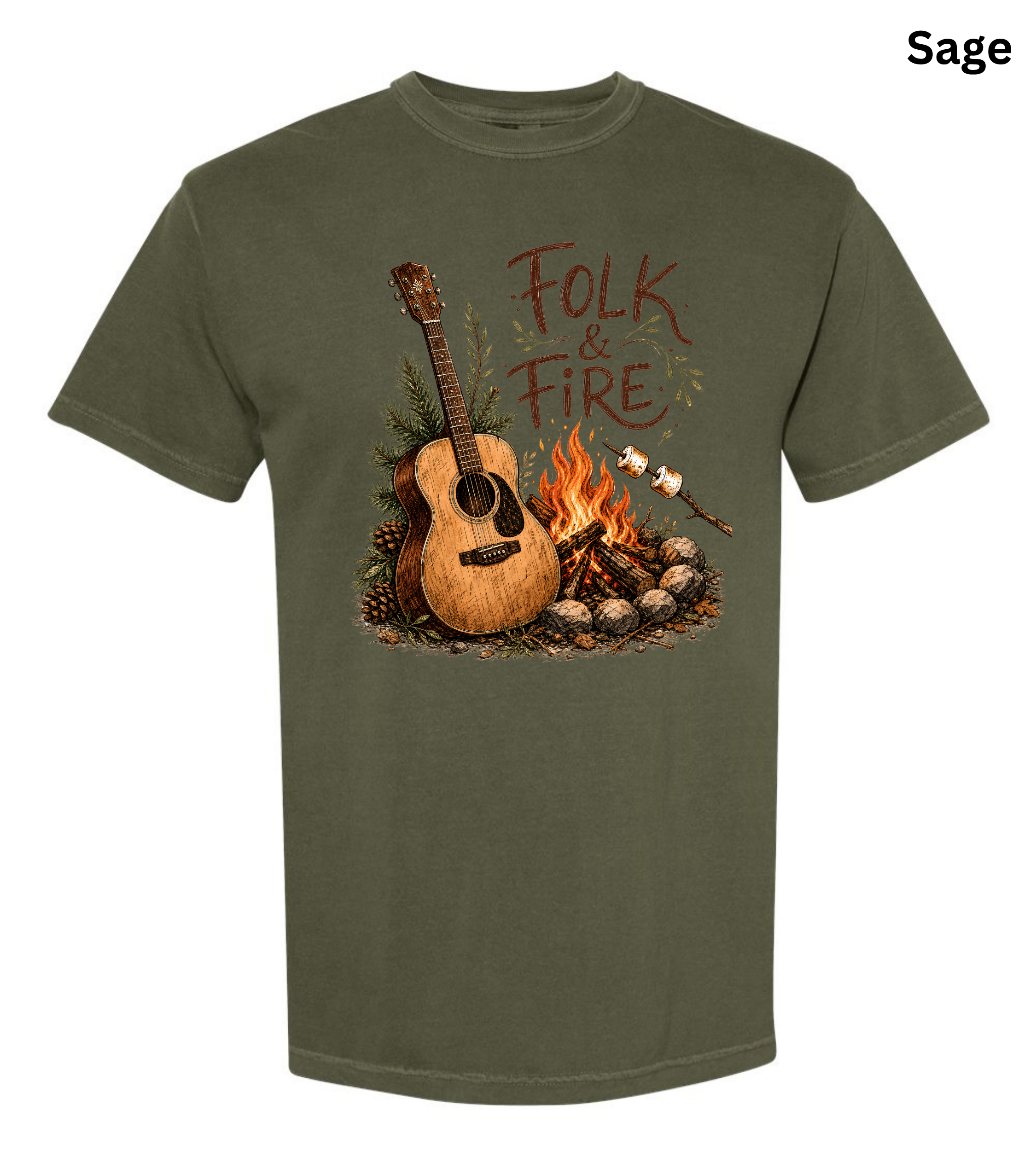 Folk & Fire Guitar T-Shirt | Campfire Acoustic Guitar Graphic Tee for Folk Music Lovers & Campers