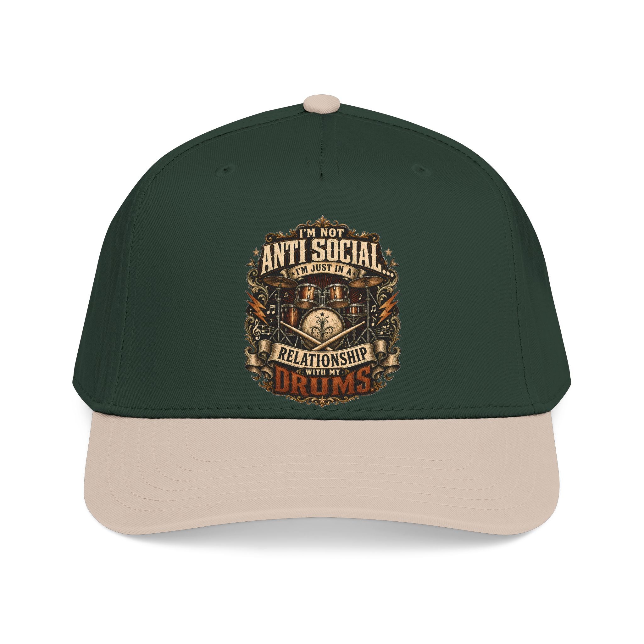 A dark forest green and beige baseball cap with a graphic on the front that reads 'I'M NOT ANTI SOCIAL. THE WORLD IS.