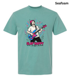 A seafoam green crewneck t-shirt featuring a colorful graphic of a man playing an electric guitar with the text 'SLAP HAPPY' printed below it, shown against a plain white background.