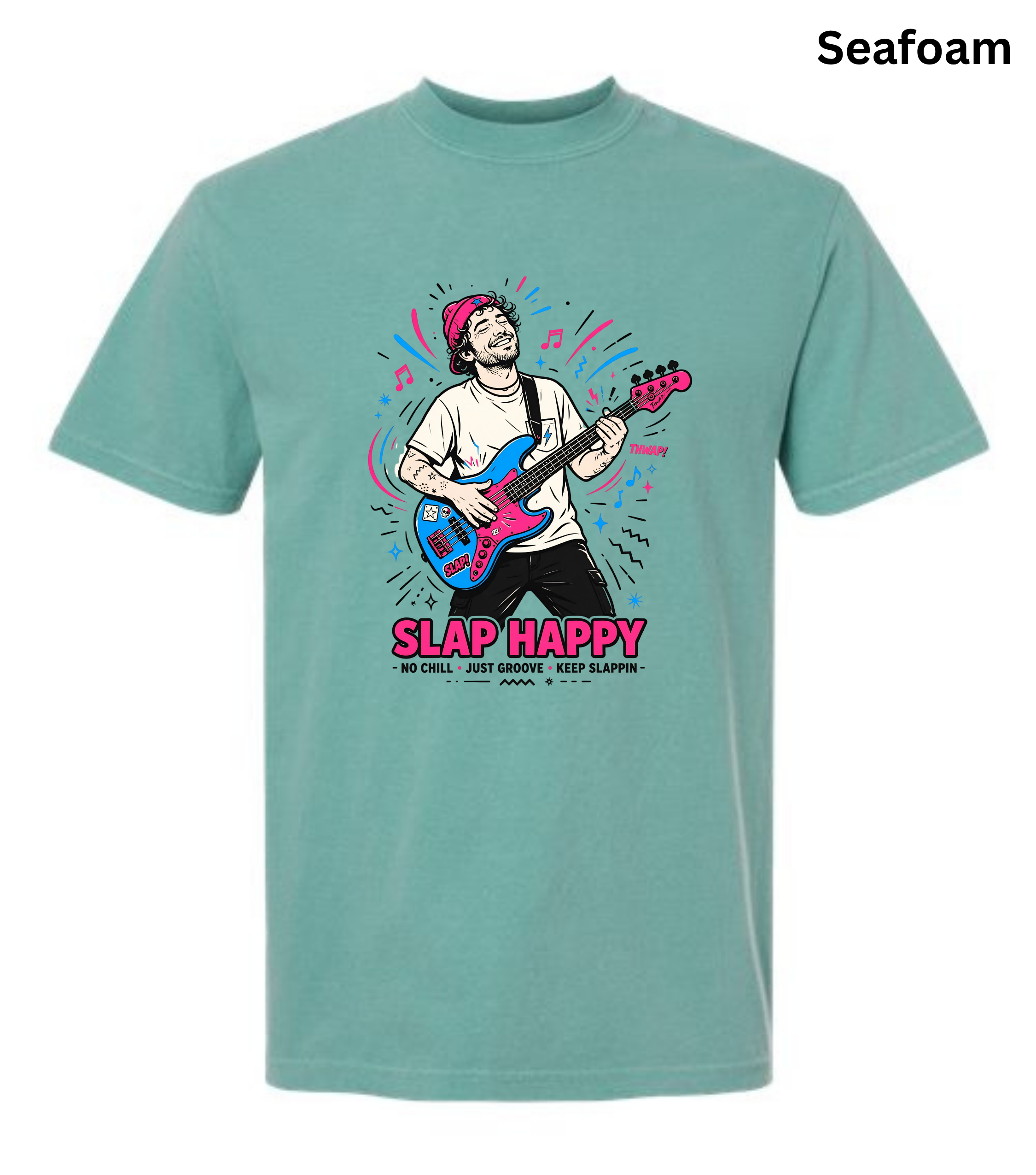A seafoam green crewneck t-shirt featuring a colorful graphic of a man playing an electric guitar with the text 'SLAP HAPPY' printed below it, shown against a plain white background.