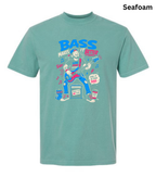 A seafoam green short-sleeve t-shirt with a colorful graphic of a clown playing a guitar and the text 'BASS MAKES IT BETTER' on the front, shown against a plain white background with a 'Seafoam' color label in the top right corner.