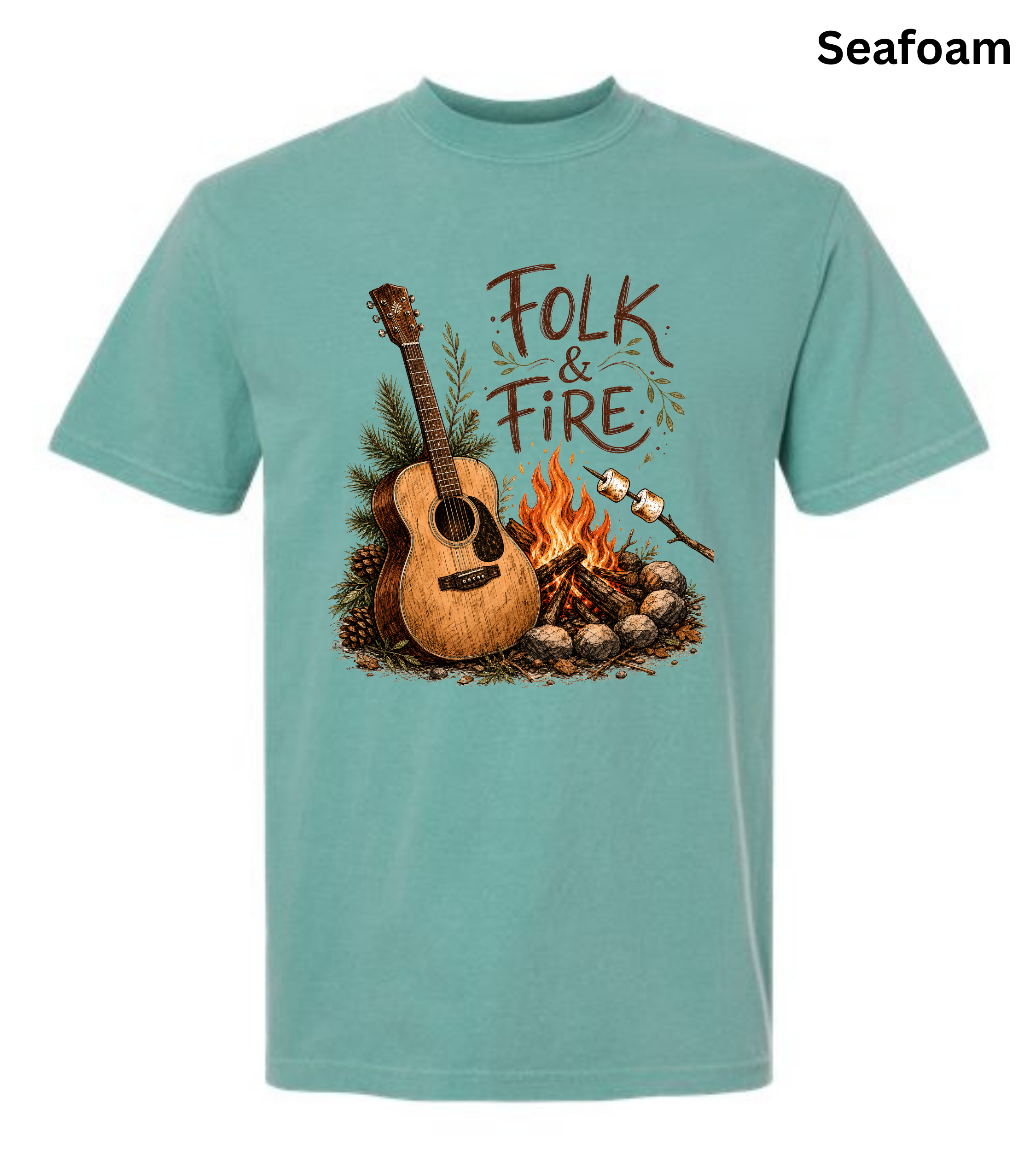 Folk & Fire Guitar T-Shirt | Campfire Acoustic Guitar Graphic Tee for Folk Music Lovers & Campers