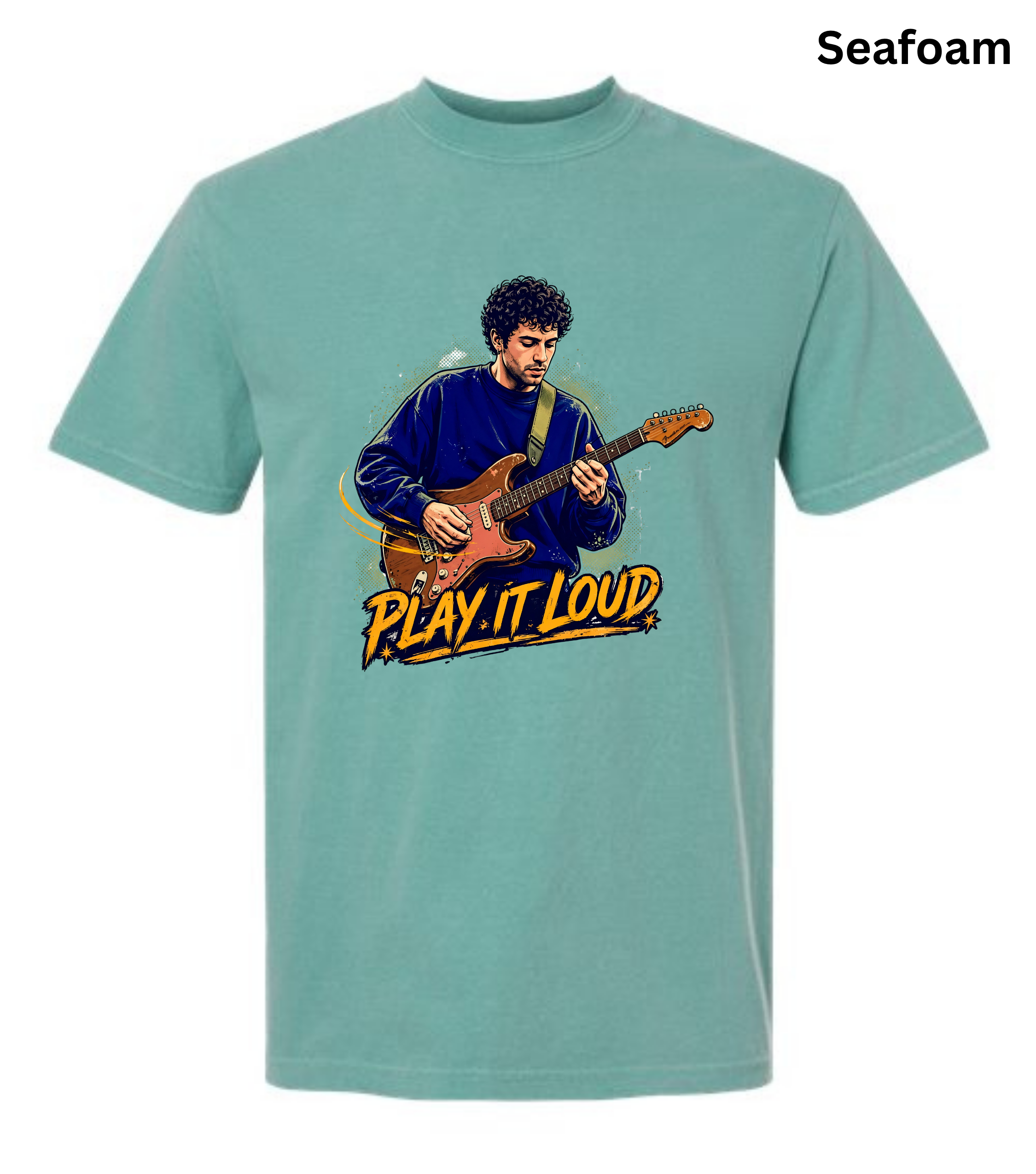 A seafoam green short-sleeve t-shirt with a graphic of a man playing an electric guitar and the text 'PLAY IT LOUD' printed on the front, shown against a plain white background.