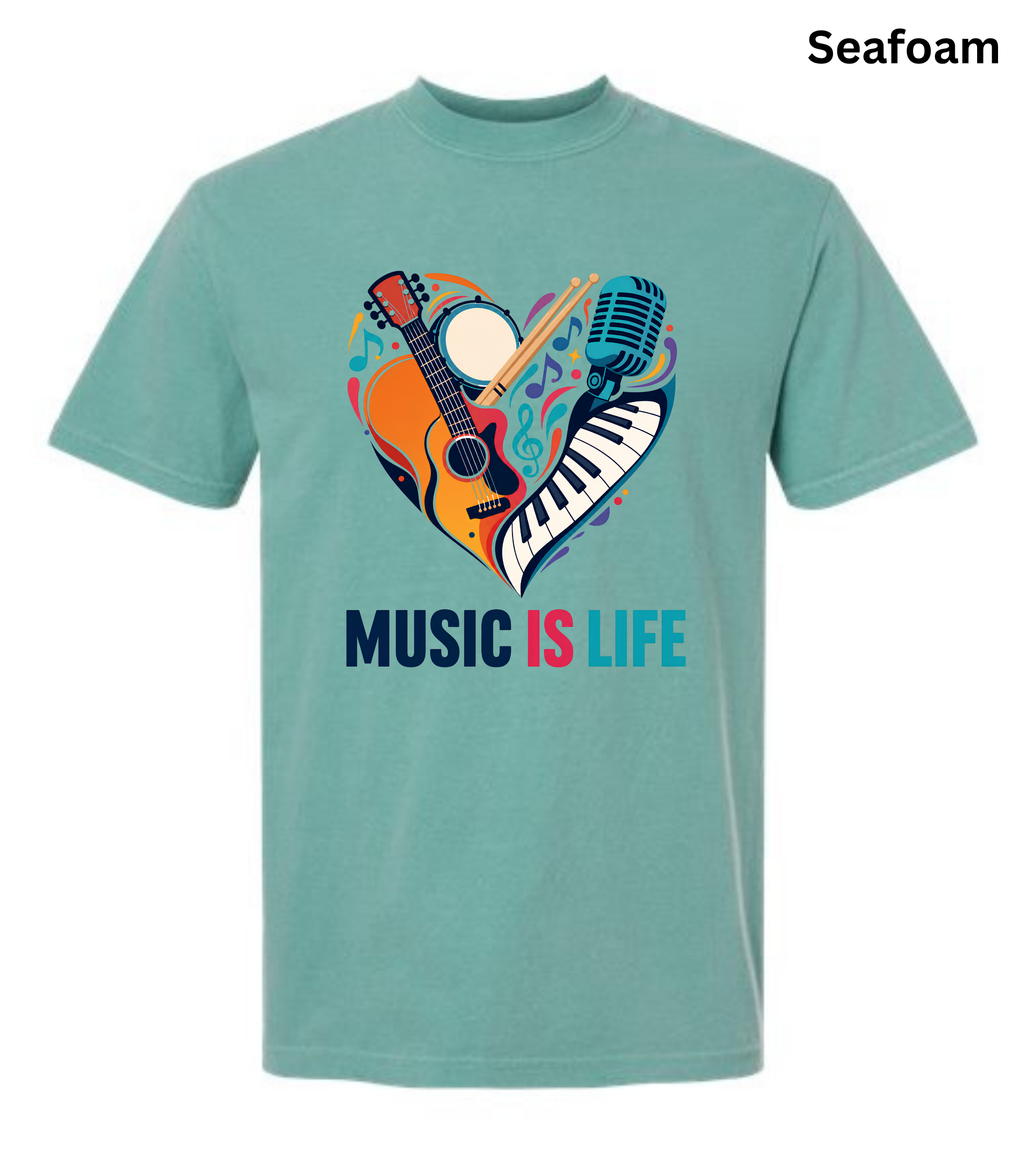 Music Is Life T-Shirt | Colorful Music Lover Graphic Tee with Guitar, Piano & Microphone