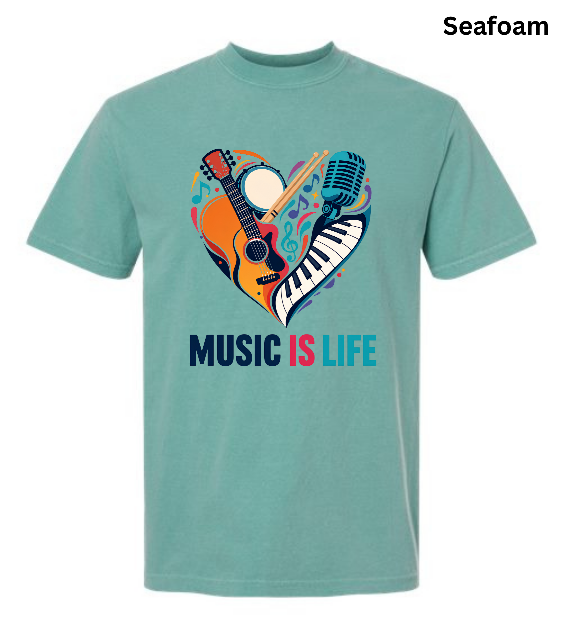 Music Is Life T-Shirt | Colorful Music Lover Graphic Tee with Guitar, Piano & Microphone