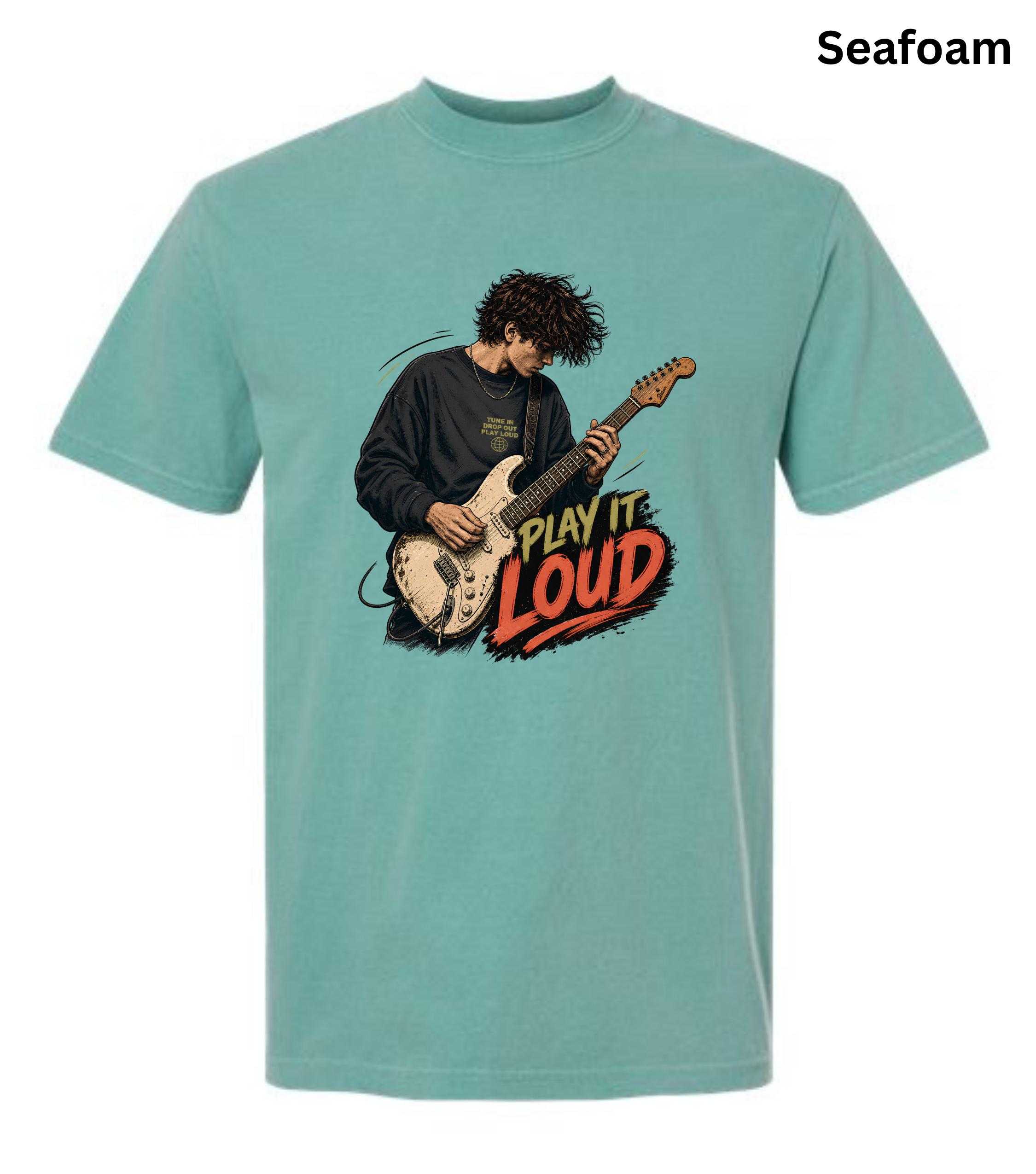 A seafoam green short-sleeve t-shirt with a graphic of a guitarist playing an electric guitar next to the text 'PLAY IT LOUD'. The brand name 'Seafoam' is printed in black in the top right corner.