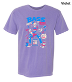 A light purple short-sleeve t-shirt with a colorful graphic on the front depicting a bass player and the text 'BASS MAKES IT BETTER'. The word 'Violet' is printed in black in the top right corner.