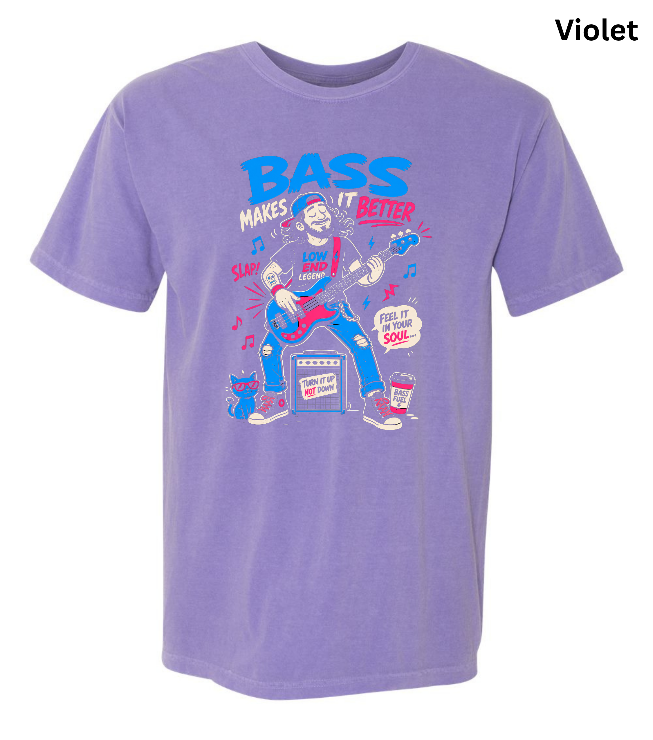 A light purple short-sleeve t-shirt with a colorful graphic on the front depicting a bass player and the text 'BASS MAKES IT BETTER'. The word 'Violet' is printed in black in the top right corner.
