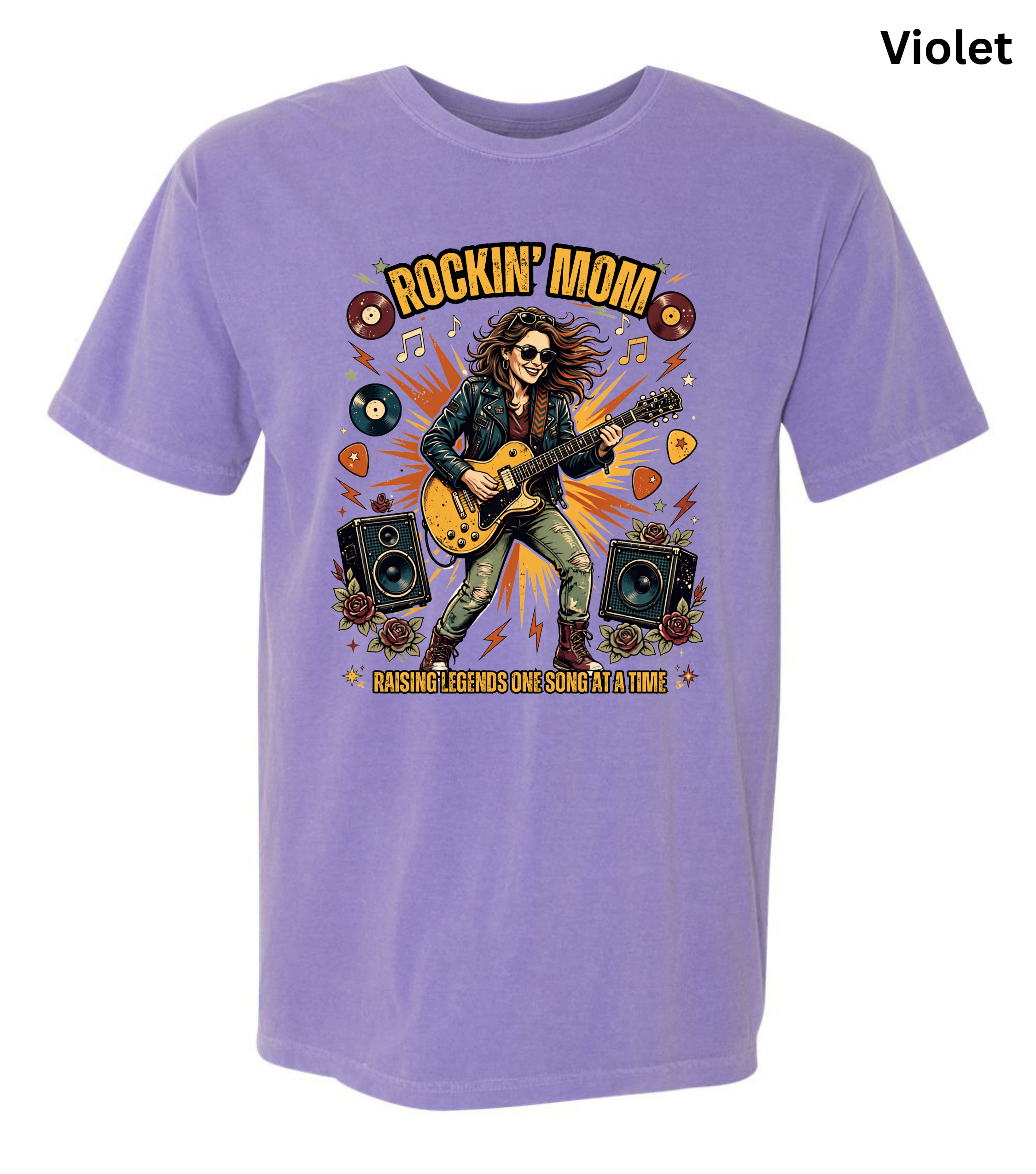 A light purple short-sleeve t-shirt with a colorful graphic of a rock musician playing an electric guitar, surrounded by vinyl records, speakers, and heart-shaped guitar bodies. The text 'Violet' is printed in black in the top right corner.