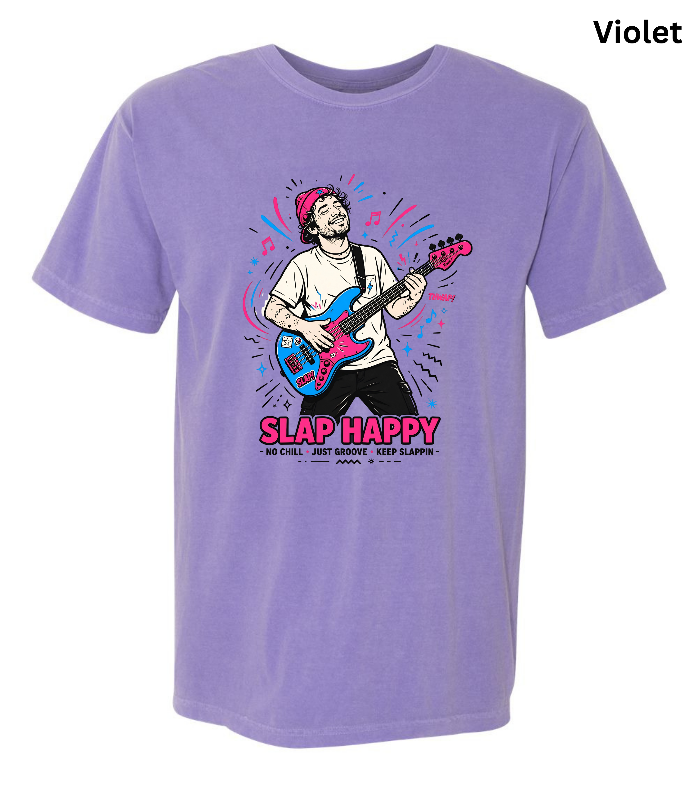 A light purple (violet) short-sleeve crewneck t-shirt featuring a colorful graphic of a man playing a blue and pink bass guitar with the text 'SLAP HAPPY' underneath, shown on a plain white background with a 'Violet' label in the top right corner.