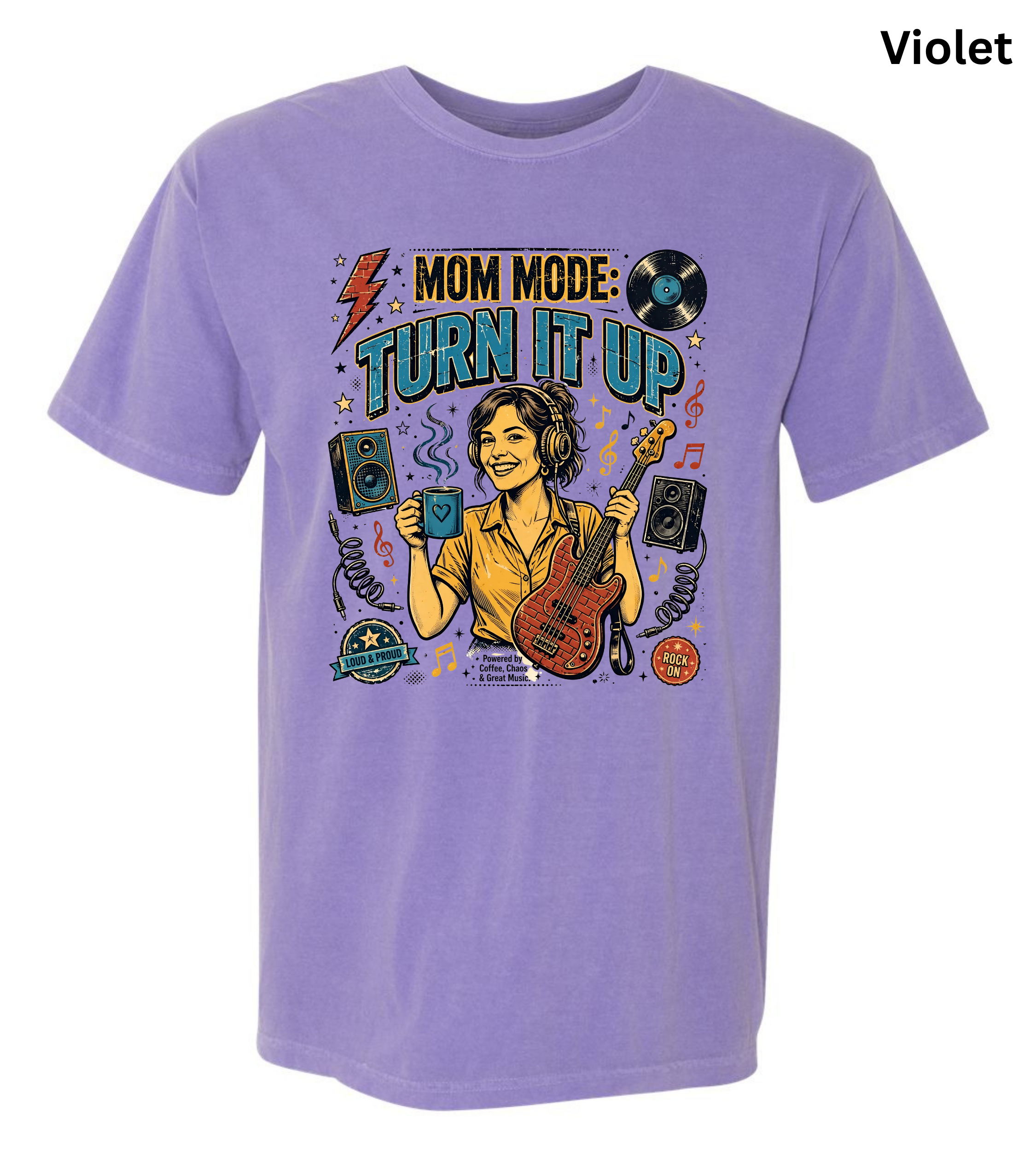 A light purple short-sleeve t-shirt with a colorful retro graphic on the front that reads 'MOM MODE: TURN IT UP' with an illustration of a woman playing guitar, speakers, and musical notes. The word 'Violet' is printed in black in the top right corner.