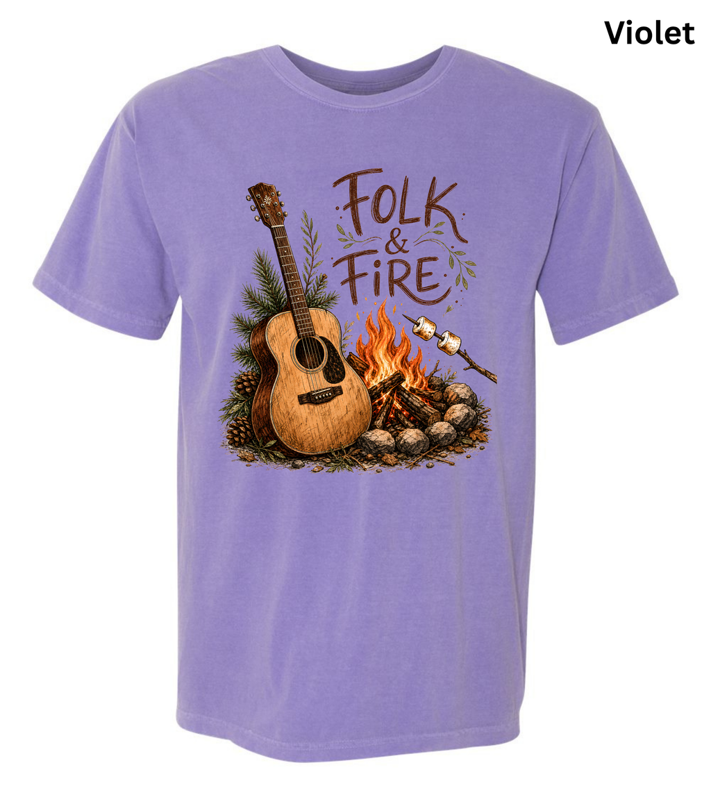 Folk & Fire Guitar T-Shirt | Campfire Acoustic Guitar Graphic Tee for Folk Music Lovers & Campers