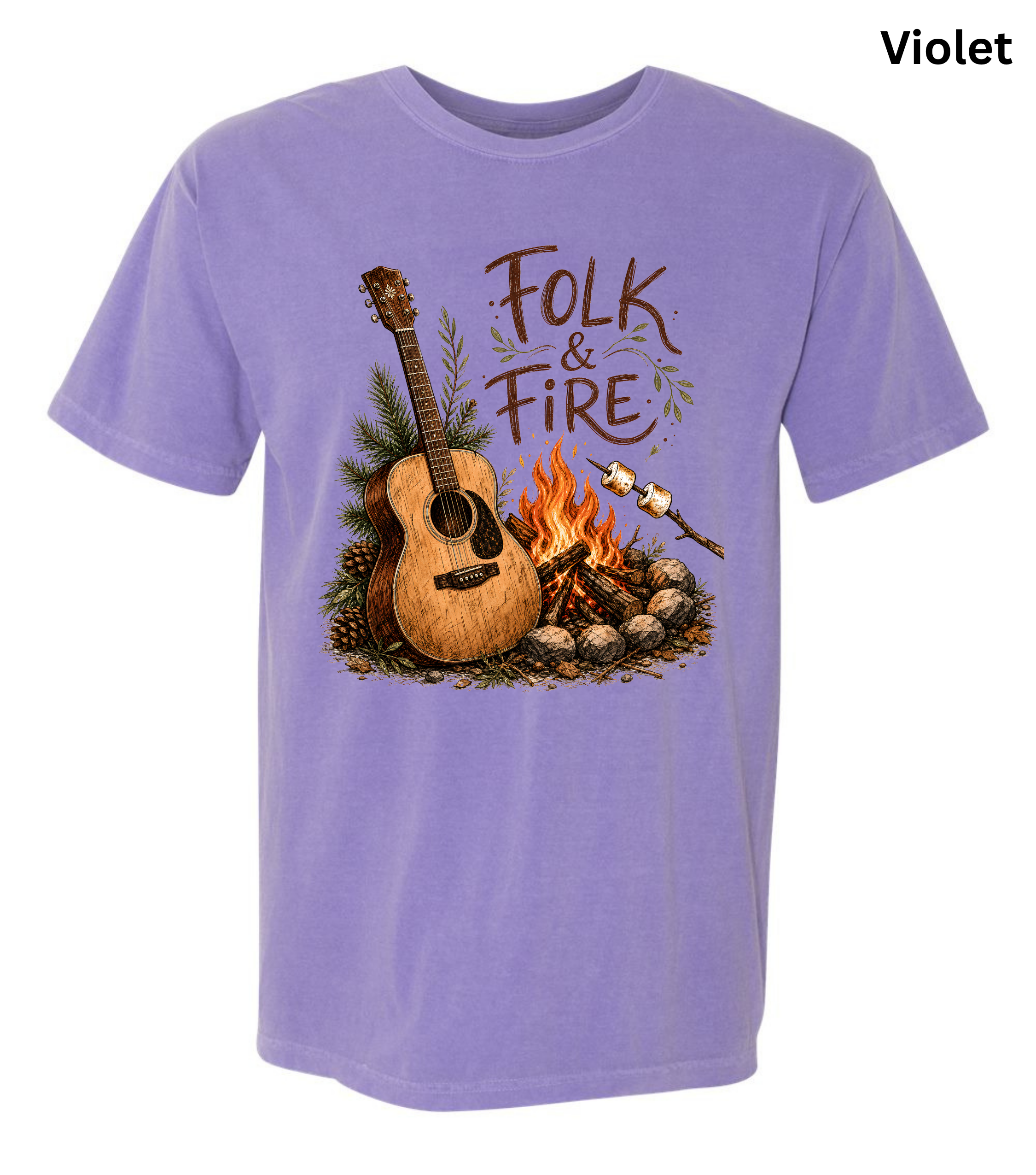 Folk & Fire Guitar T-Shirt | Campfire Acoustic Guitar Graphic Tee for Folk Music Lovers & Campers