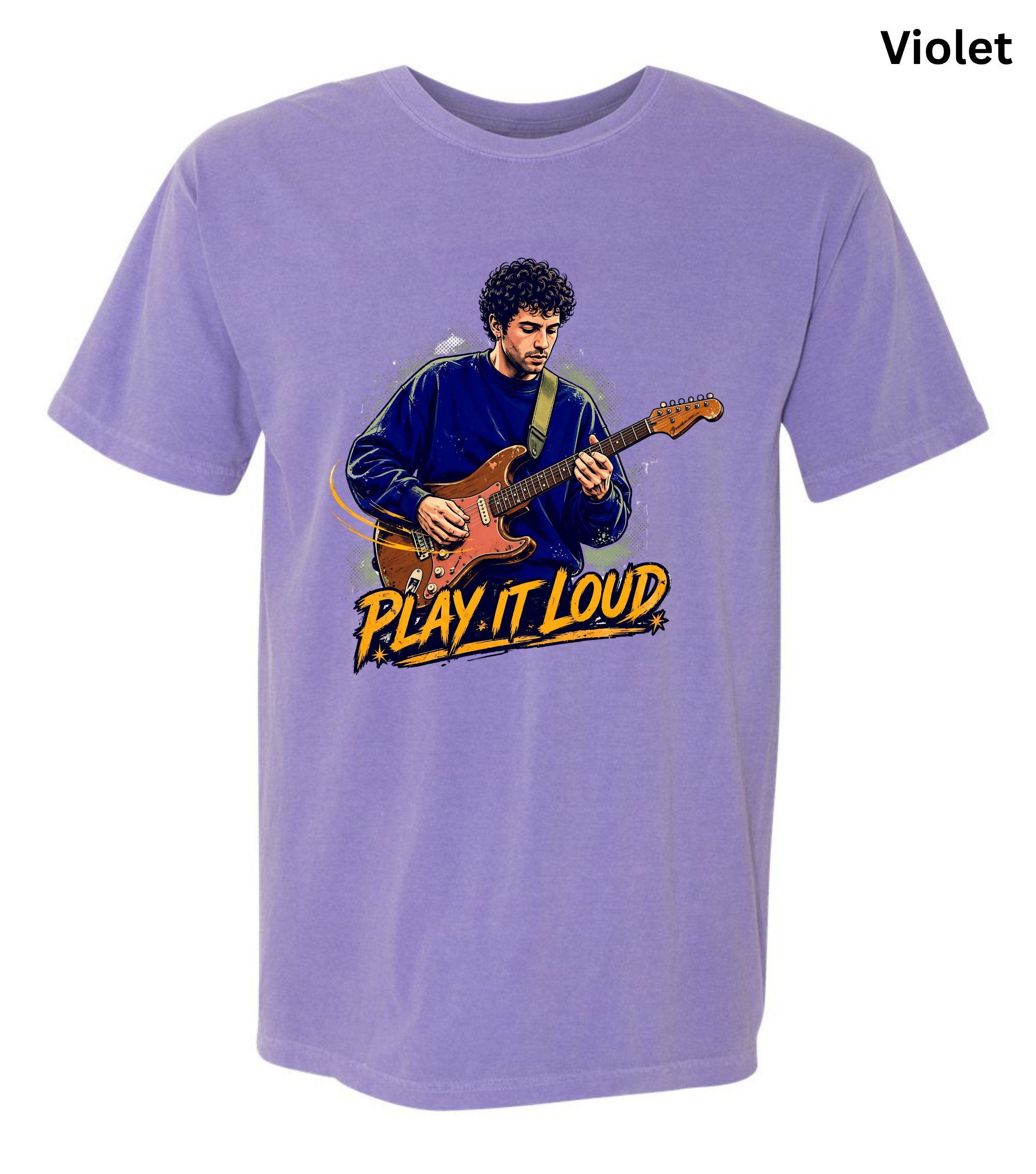 A light purple short-sleeve t-shirt with a graphic of a man playing an electric guitar and the text 'PLAY IT LOUD' printed below, shown on a white background with the word 'Violet' in the top right corner.