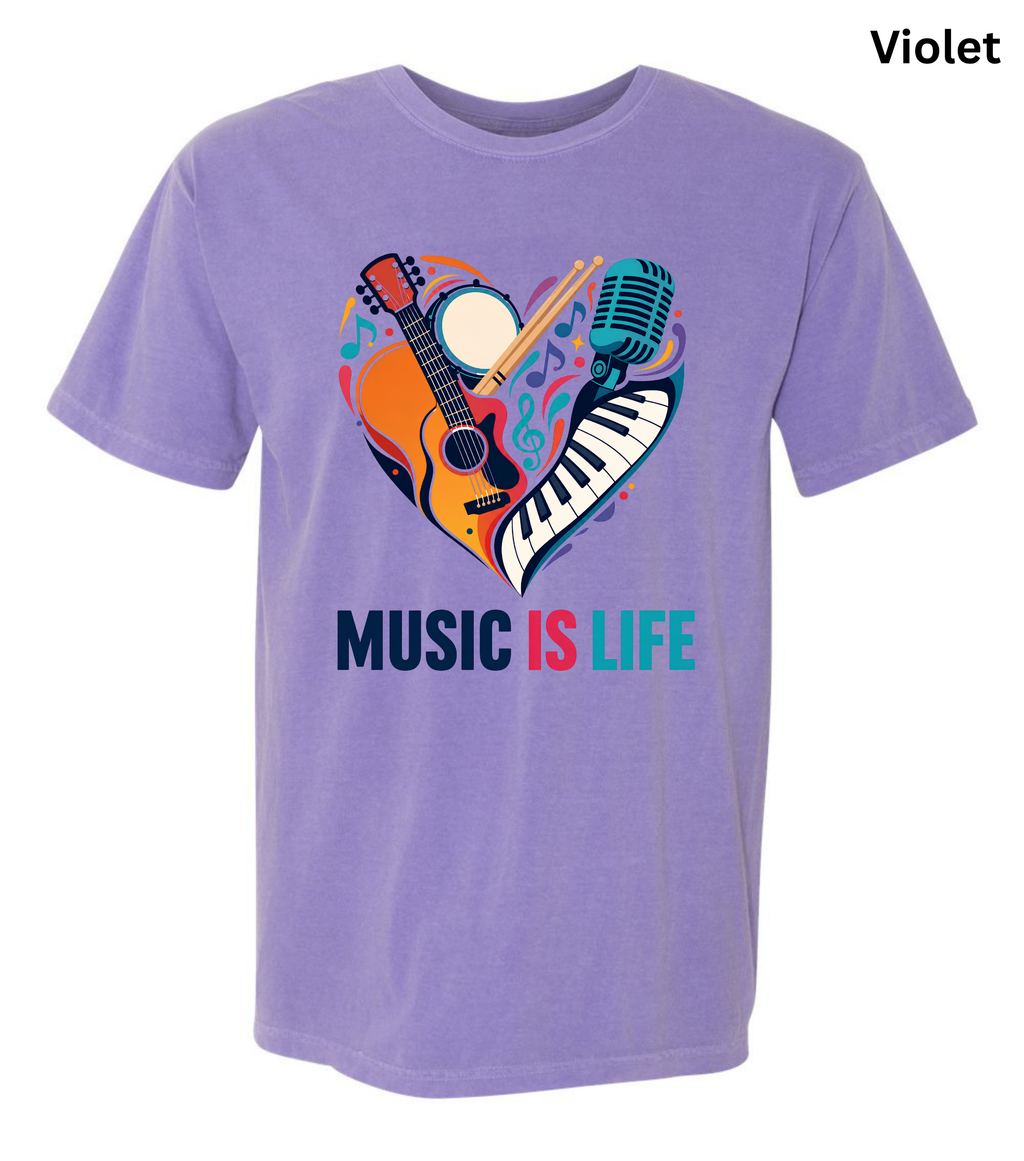 Music Is Life T-Shirt | Colorful Music Lover Graphic Tee with Guitar, Piano & Microphone