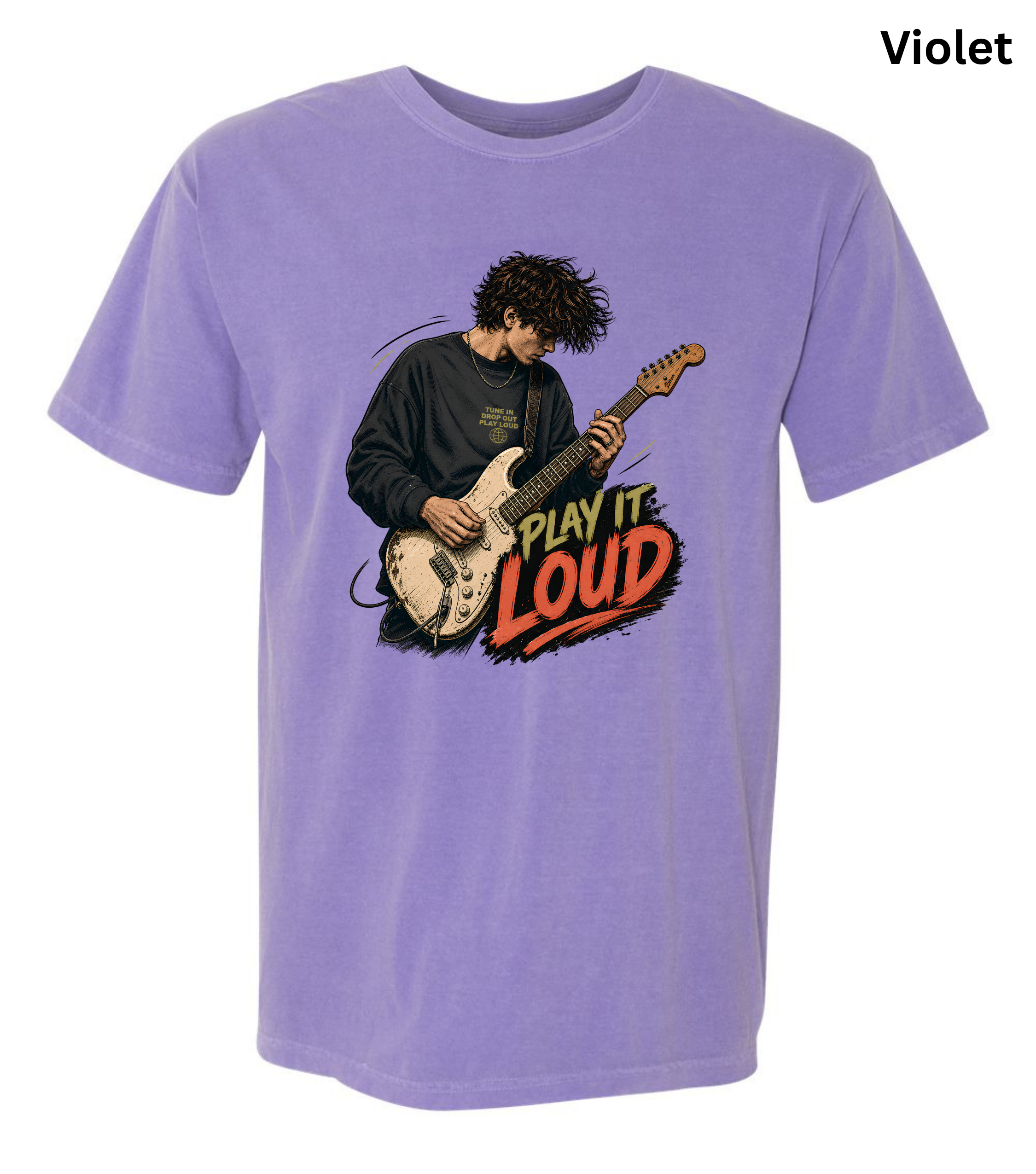 A light purple short-sleeve t-shirt with a graphic of a guitarist playing an electric guitar next to the text 'PLAY IT LOUD' in red, orange, and yellow. The word 'Violet' is written in black text in the top right corner.