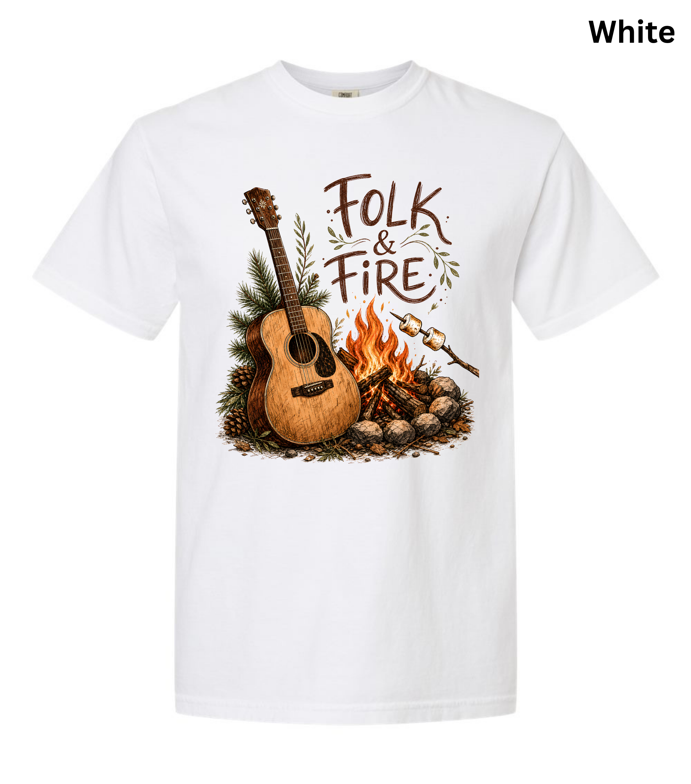 Folk & Fire Guitar T-Shirt | Campfire Acoustic Guitar Graphic Tee for Folk Music Lovers & Campers