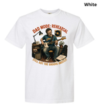 A white short-sleeve crewneck t-shirt featuring a vintage-style graphic of a man playing an acoustic guitar in a rehearsal studio. The graphic includes the text 'DAD MODE: REHEARSAL' and 'STILL GOT THE GROOVE (MOSTLY!)' in orange-brown lettering.