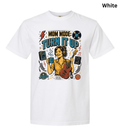 A white short-sleeve crewneck t-shirt featuring a colorful graphic print on the front with the text 'MOM MODE: TURN IT UP' and an illustration of a woman playing a red electric guitar with speakers and music notes.