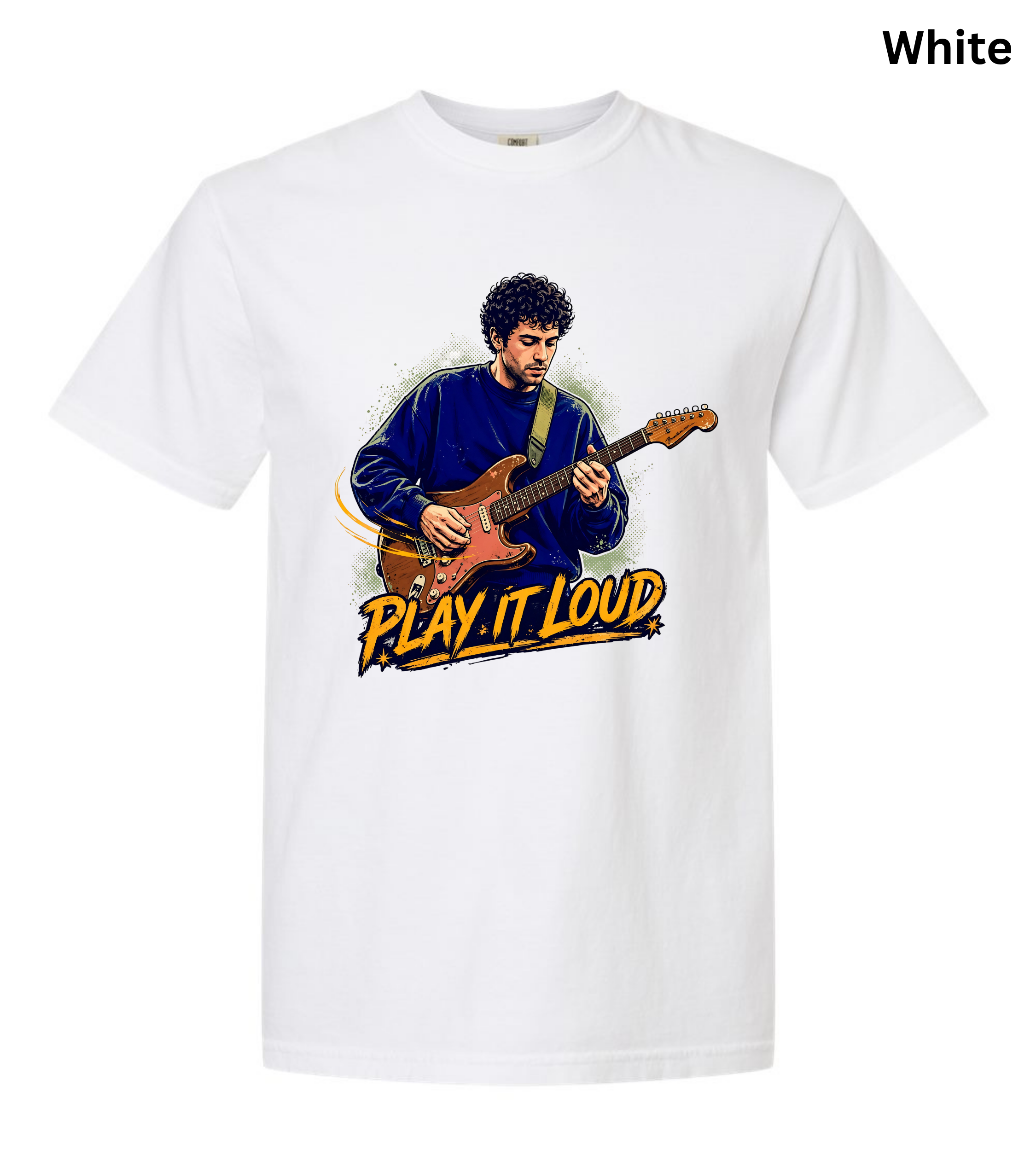 A white short-sleeve crewneck t-shirt featuring a graphic print of a man playing an electric guitar with the text 'PLAY IT LOUD' in yellow and orange. The word 'White' is printed in black in the top right corner.