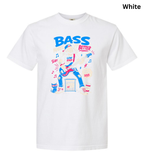 A white short-sleeve crewneck t-shirt featuring a colorful graphic print of a bass player with the text 'BASS BETTER' in blue and pink, displayed on a clean white background with a 'White' color label in the top right corner.