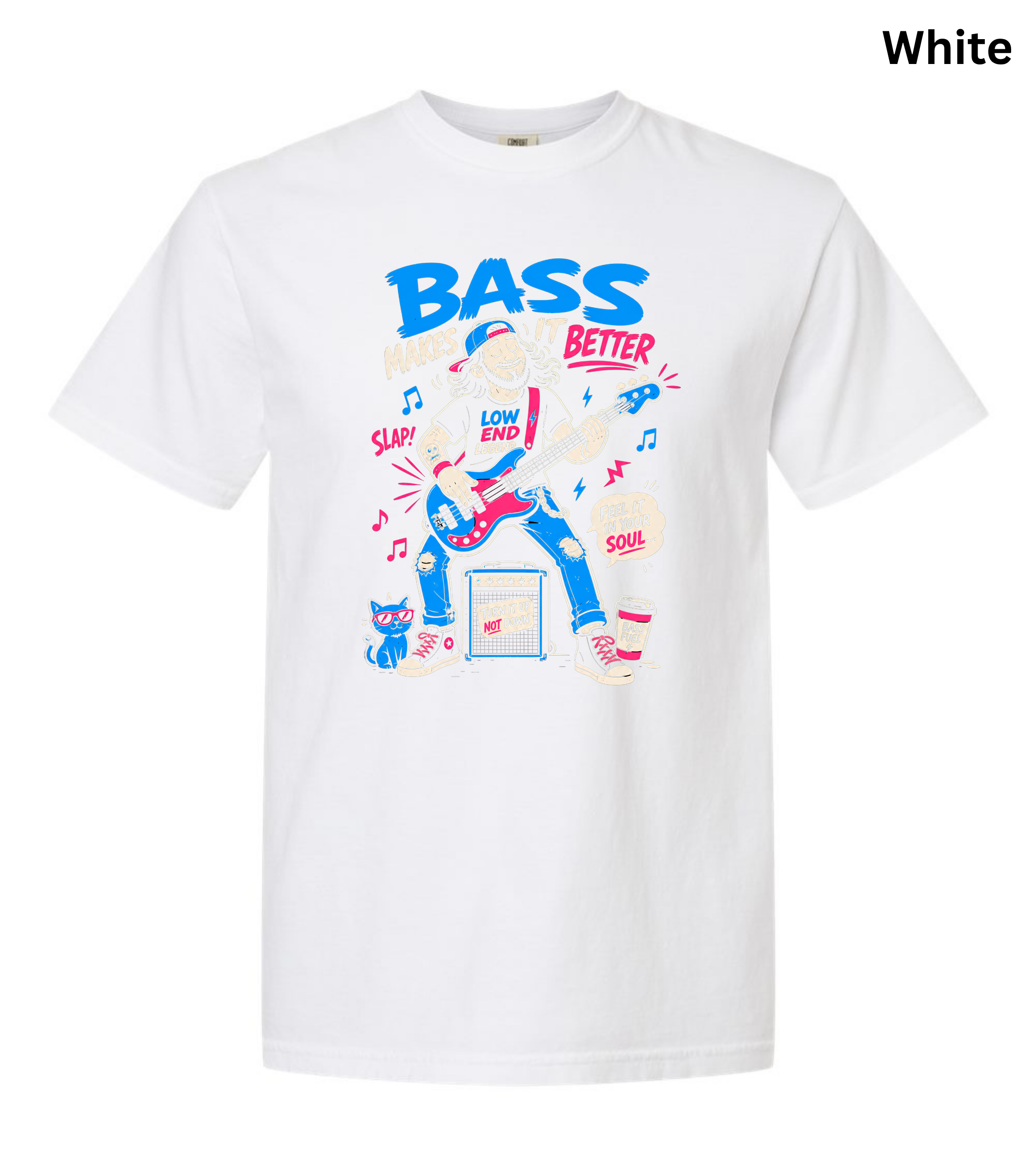 A white short-sleeve crewneck t-shirt featuring a colorful graphic print of a bass player with the text 'BASS BETTER' in blue and pink, displayed on a clean white background with a 'White' color label in the top right corner.
