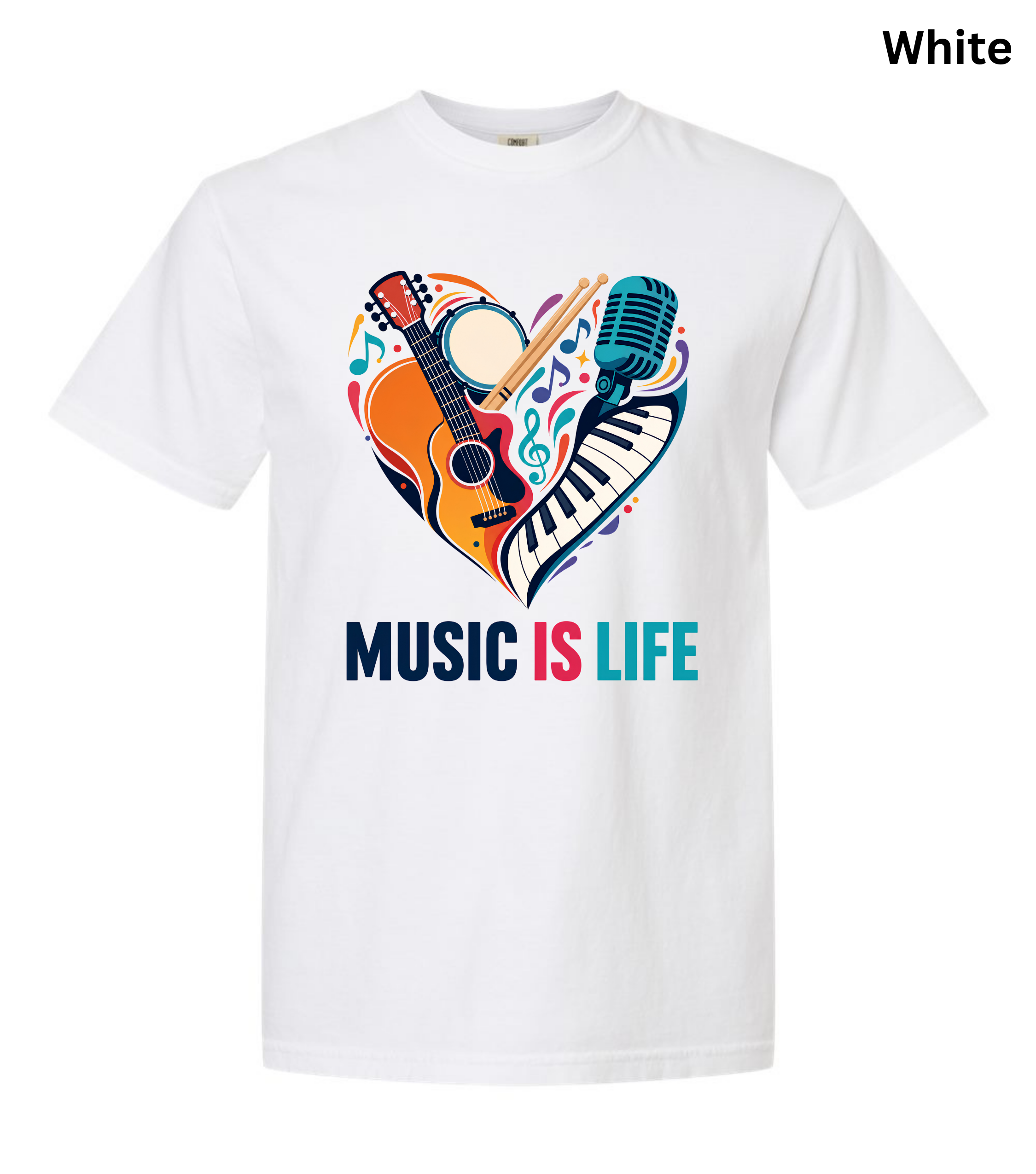Music Is Life T-Shirt | Colorful Music Lover Graphic Tee with Guitar, Piano & Microphone