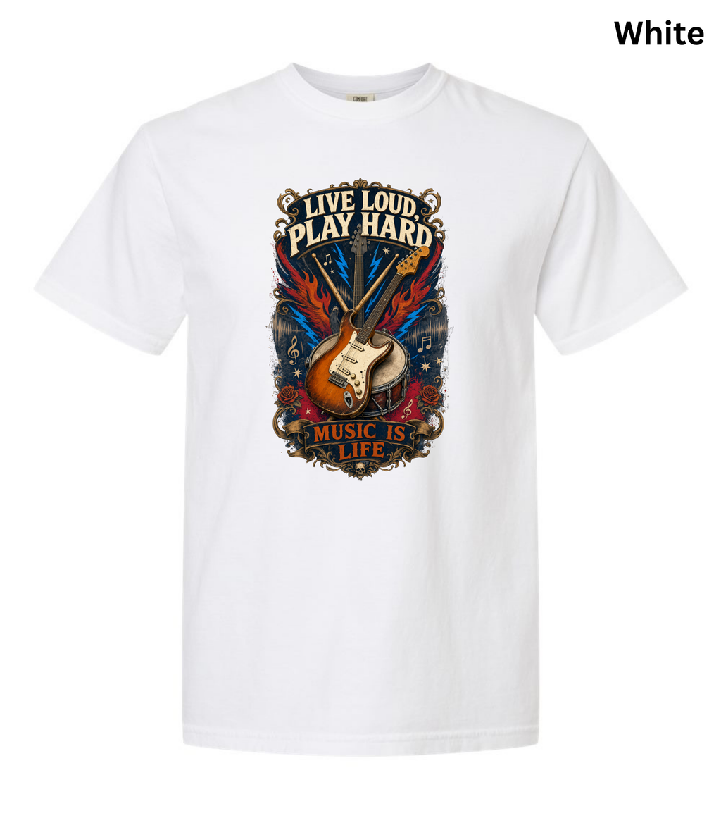 Live Loud Play Hard T-Shirt - Music Is Life Vintage Rock Design for Musicians & Band Members